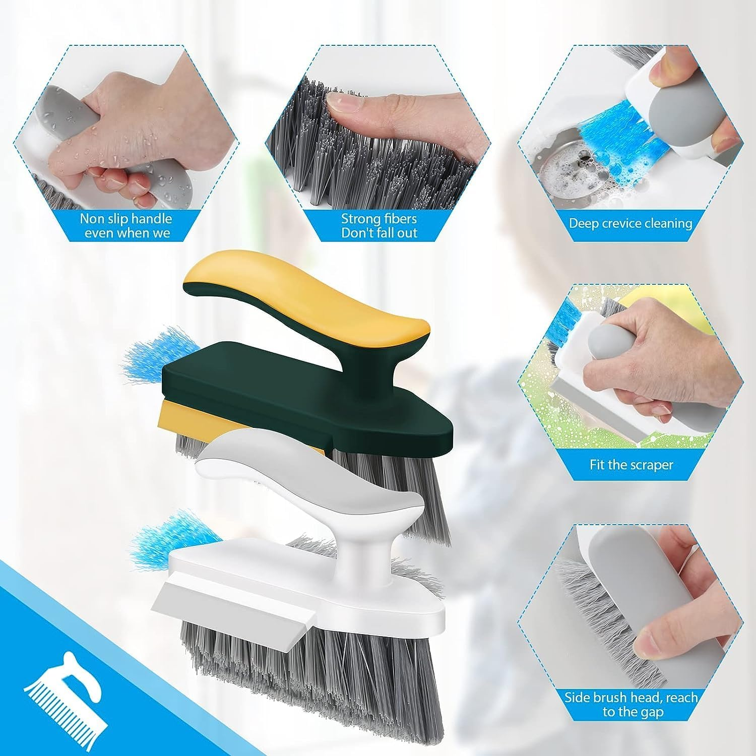 Cleaning Brushes, 4-In-1 Floor Scrub Brush with Squeegee V-Shape Gap Scrub Brush Tile Grout Cleaner Brush Corner Crevice Scrubber Baseboards Brush Tool Groove Brush Multi-Purpose Scrubbing Tools image number 5