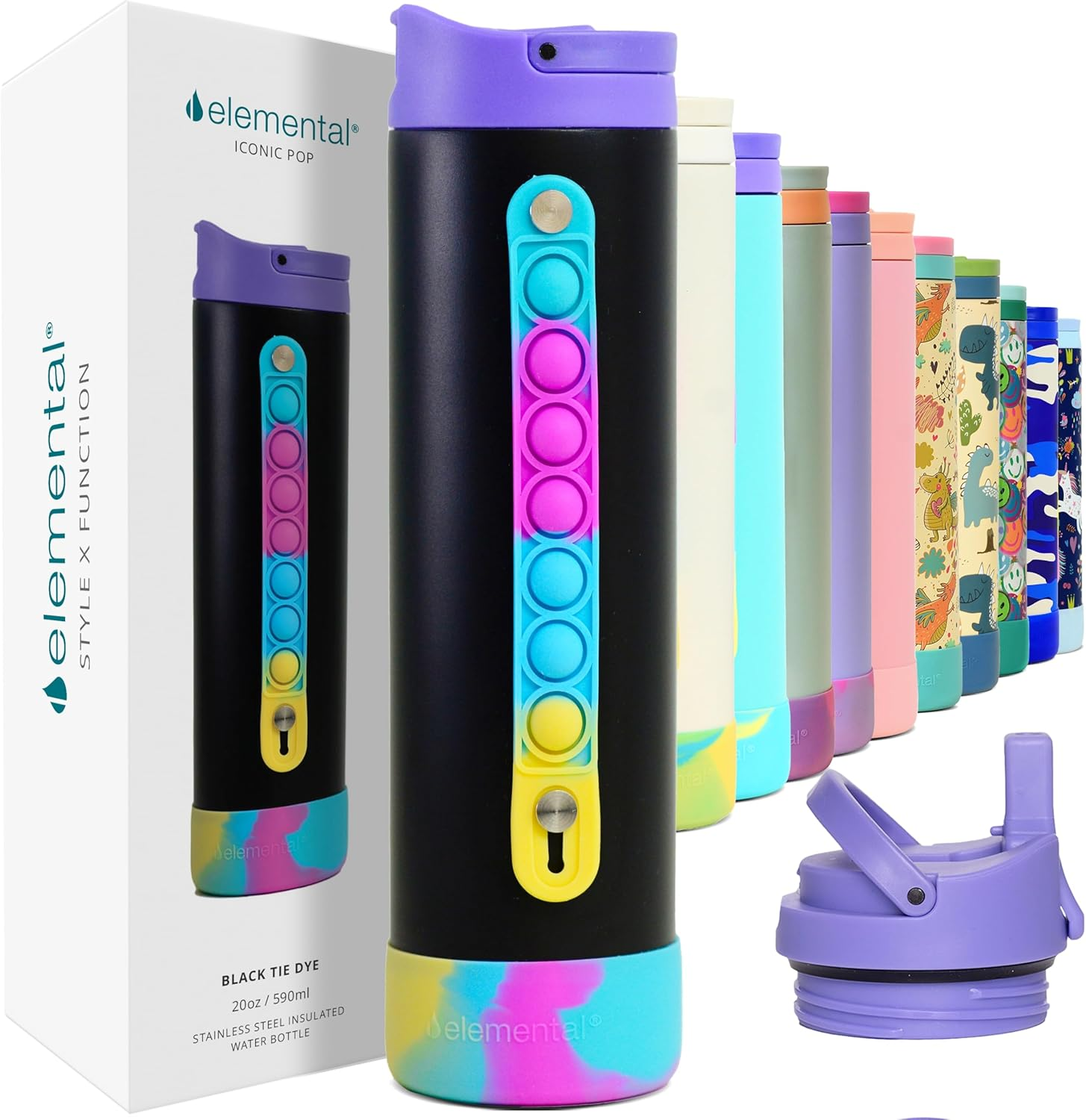 Elemental Iconic Kids Water Bottle - Leak Proof Insulated Water Bottle with Straw Lid & Stress Relief Pop It Handle - Stainless Steel Triple Wall Bottle for School, Bpa-Free, 414Ml - Lilac Tie Dye