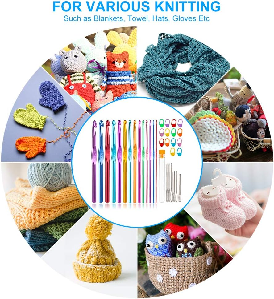 Vodiye 37 PCS Crochet Hooks Set, High Quality Coloured Aluminum Ergonomic Handle Crochet, Hook Needles for Arthritic Hands, with Stitch Markers and Large-Eye Blunt Needles image number 1