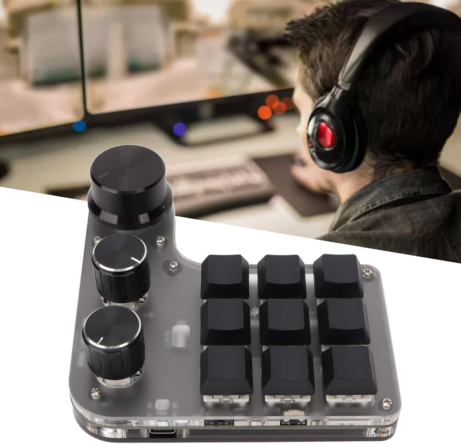 One Handed Macro Mechanical Keyboard, 9 Keys 3 Knobs Programmable Macro Keyboard, USB Wireless Dual Mode Gaming Keypad, For image number 1