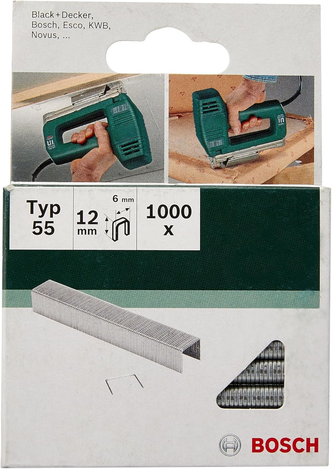 Bosch 1000X Narrow Crown Staples Type 55 (Textiles, Carpet, Acoustic Panels, Lawn Carpet, 6 X 1.08 X 12 Mm, Accessories Tacker, Staple Gun) image number 1