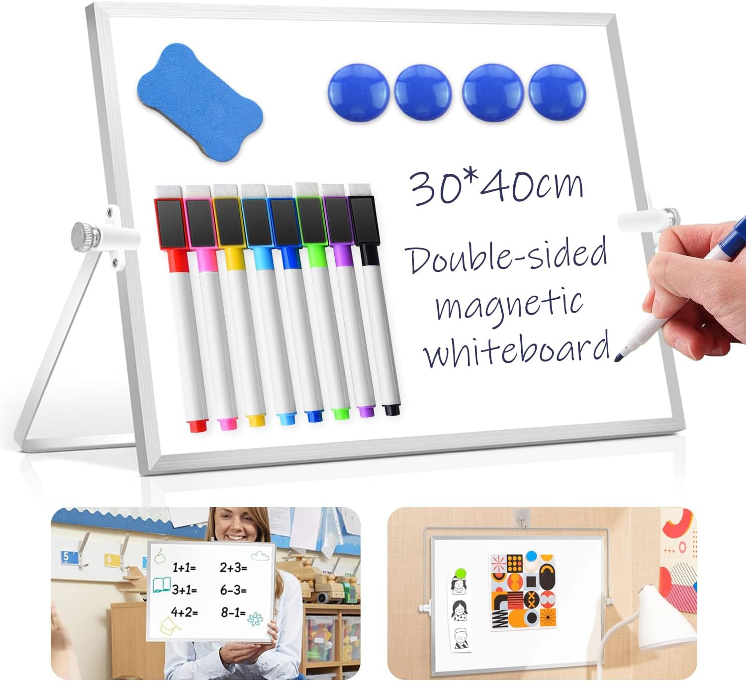 Magnetic Dry Erase Whiteboard with Stand, 42 X 30 Cm Double-Sided Desktop Small White Board Set, with 8 Markers, 4 Magnets and 1 Eraser, Portable Mini Whiteboard for Drawing, Office, Home, School