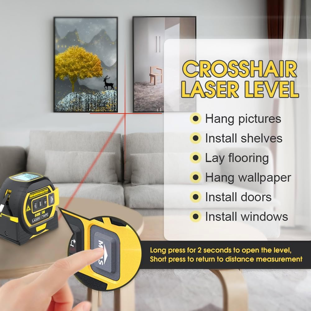 Chamgeco Almighty Ruler Laser Rangefinder, 3-In-1 Infrared Laser Tape Measure, 60M Digital Retractable Laser Measuring Sight with 5M Measuring Tape, Handheld Tape Measure Tool with Large LCD Display image number 4