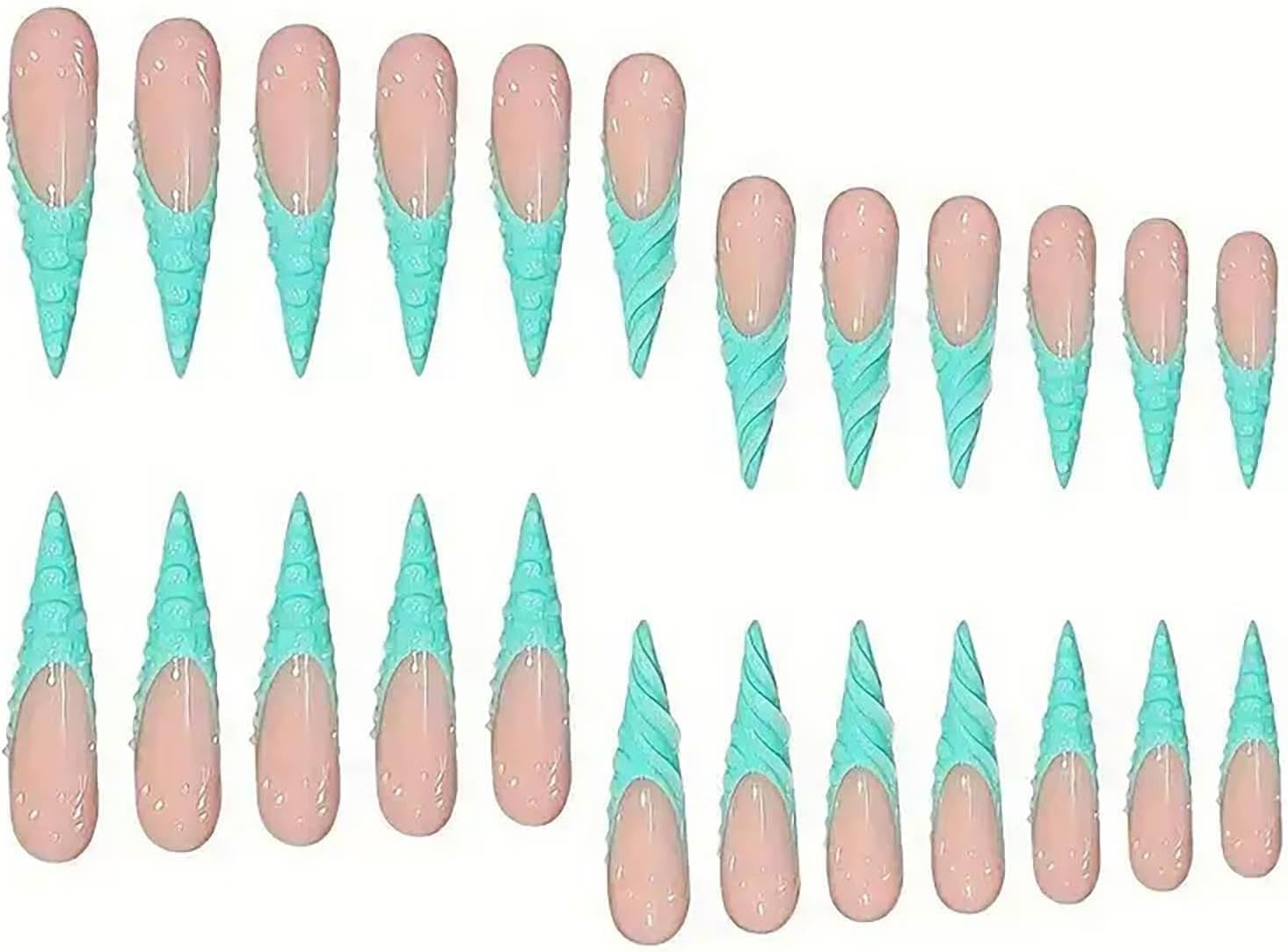 RUOKEXIN Long Stiletto Press on Nails French Tip Fake Nails Blue False Nails with Designs Extra Long Nail Press Ons Sparkly Artificial Nails Cute Stick on Nails for Women 24Pcs