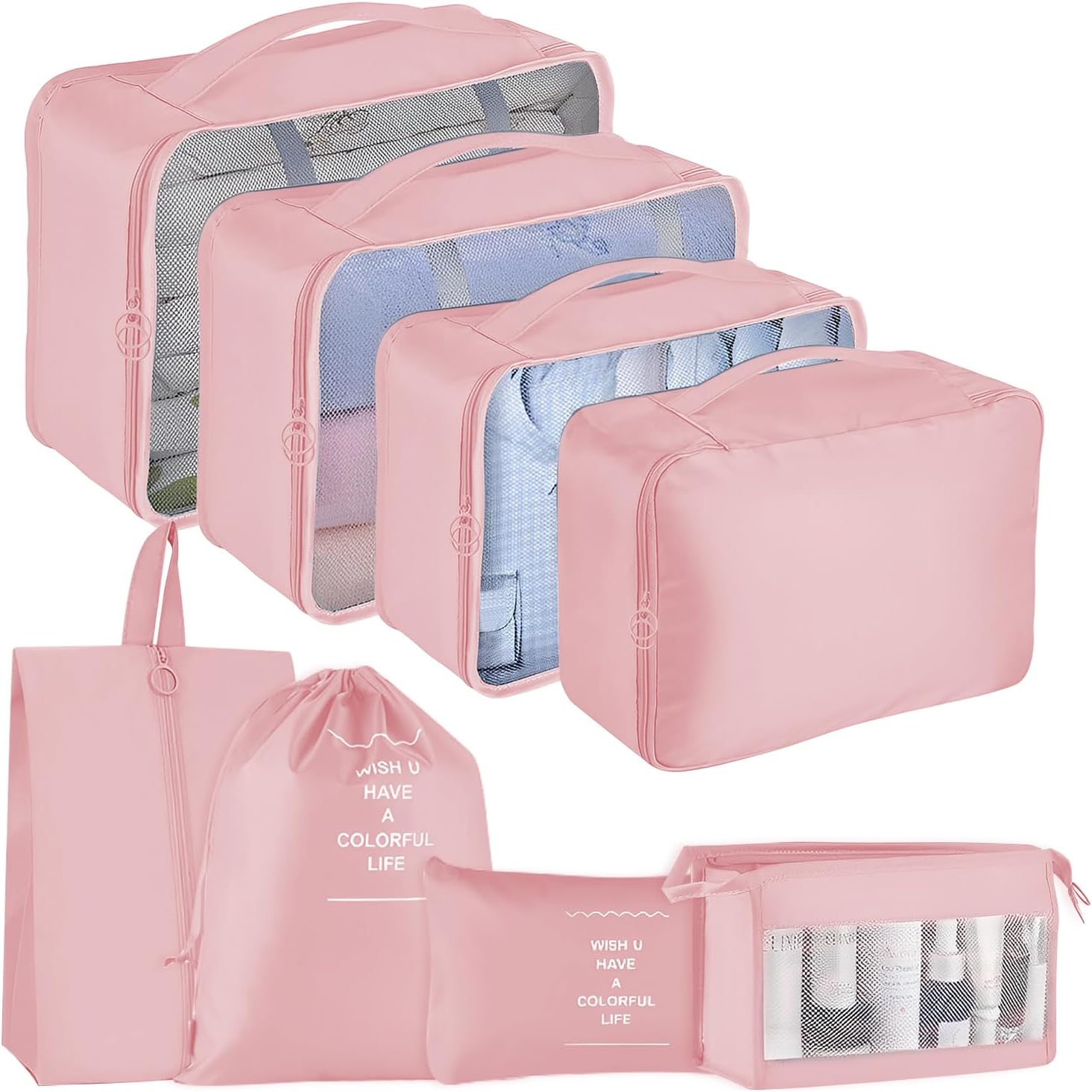 8PCS Packing Cubes for Travel, Luggage Organizer Bags with Shoe & Laundry Bag, Mesh Travel Essentials Bags, Durable & Lightweight Various Sizes Suitcases Packing Organisers (Pink, Set of 8) - Beige image number 5