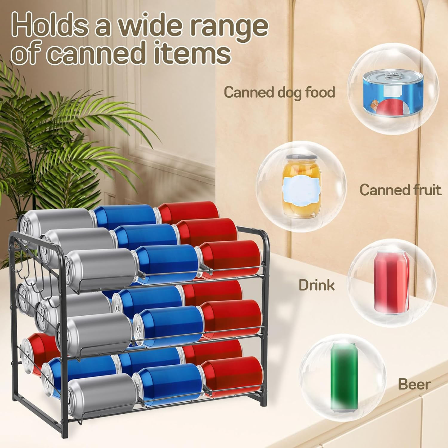 3 Tier Can Rack Organizer with Hook Stackable Tilted Can Storage Holder Carbon Steel Cabinet Organizer Adjustable Width Pantry Organiser Kitchen Storage and Organisation for Small Pantry Countertop