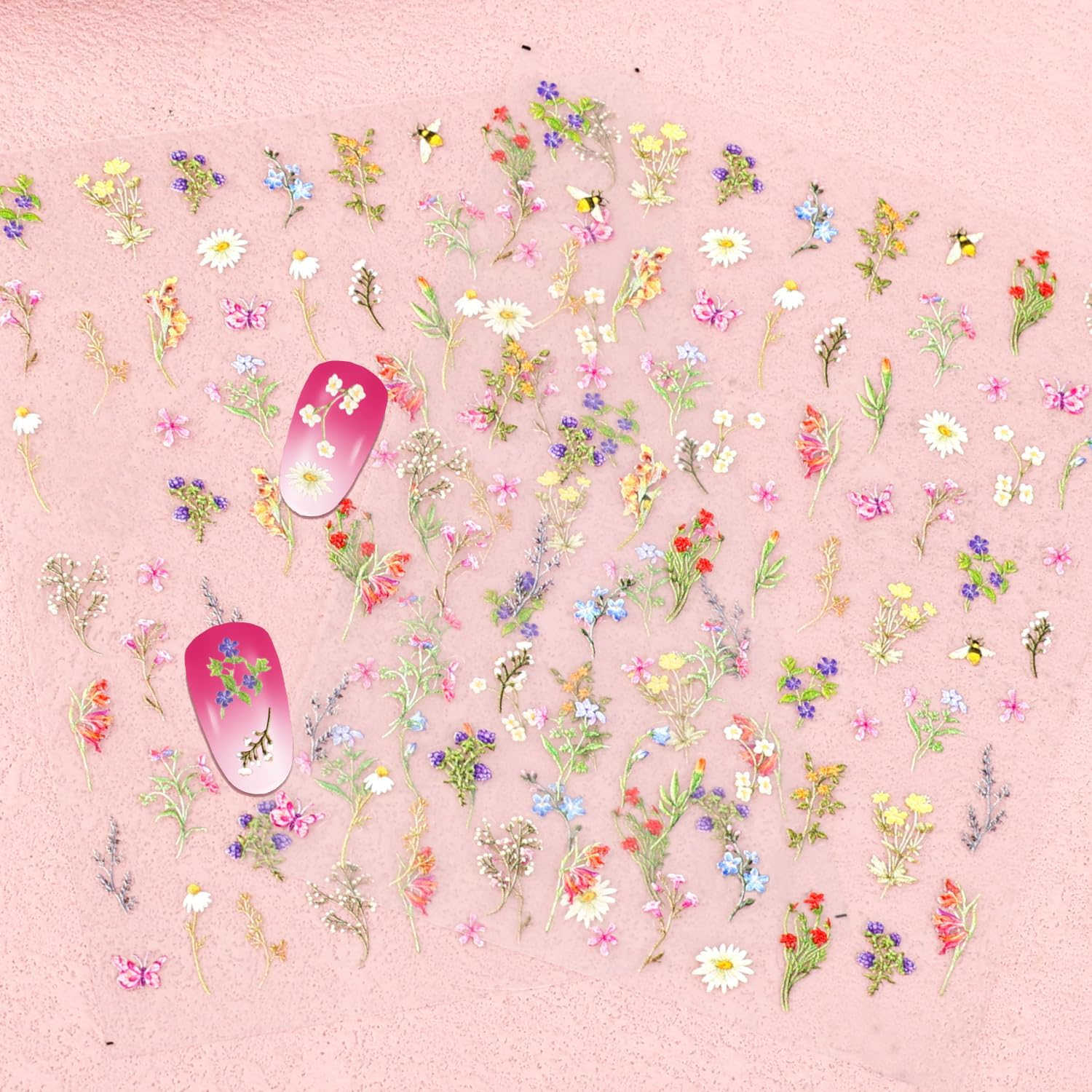 BOXOB 2 Sheets 5D Embossed Flower Nail Stickers, Floral Plant Manicure Stickers Self-Adhesive Spring Summer Accessories for Nail Design Decoration for Women Girls image number 5