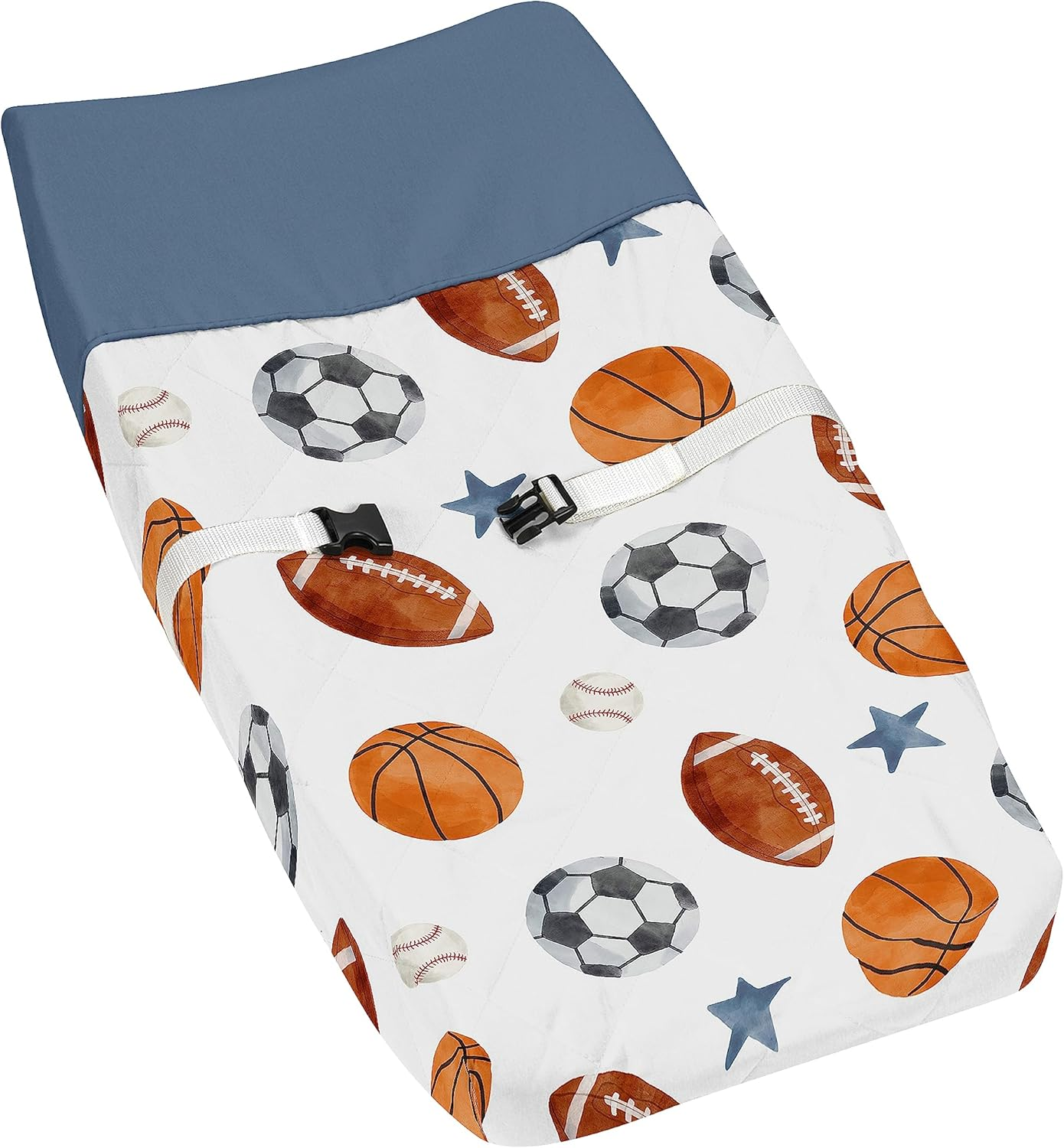 Sweet Jojo Designs Sports Theme Boy Baby Changing Pad Cover &ndash; Infant Newborn Diaper Table Change Mat Sheet - Watercolor Vintage Sport Themed Soccer Balls Football Baseball Basketball Blue Stars