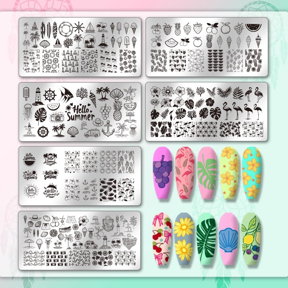 PH Pandahall Nail Stamping Plate Kit, 6Pcs Summer Ocean Beach Templates Nail Art Stencils Stainless Steel Image Plates with Silicone Nail Stamper Scraper Tool for Women Manicures Salon Design image number 1