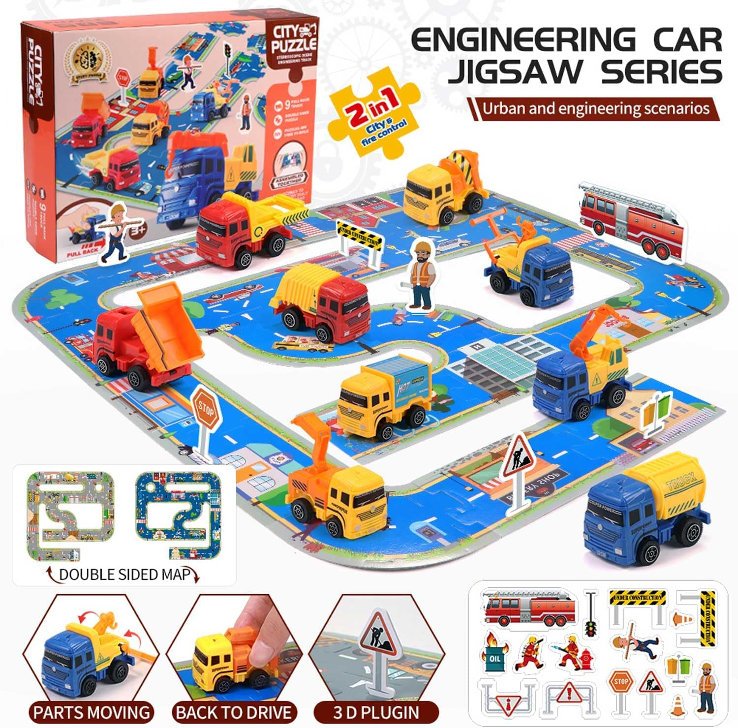 Pull Back City Cars and Trucks Toy Die Cast Vehicle Set Model Car, Friction Powered Mini Car Pack Toy Set with Play Mat, City Puzzle Engineering Car Set Toys for Kids 3 4 5 6 7 8 Years Old Boy Gifts image number 5