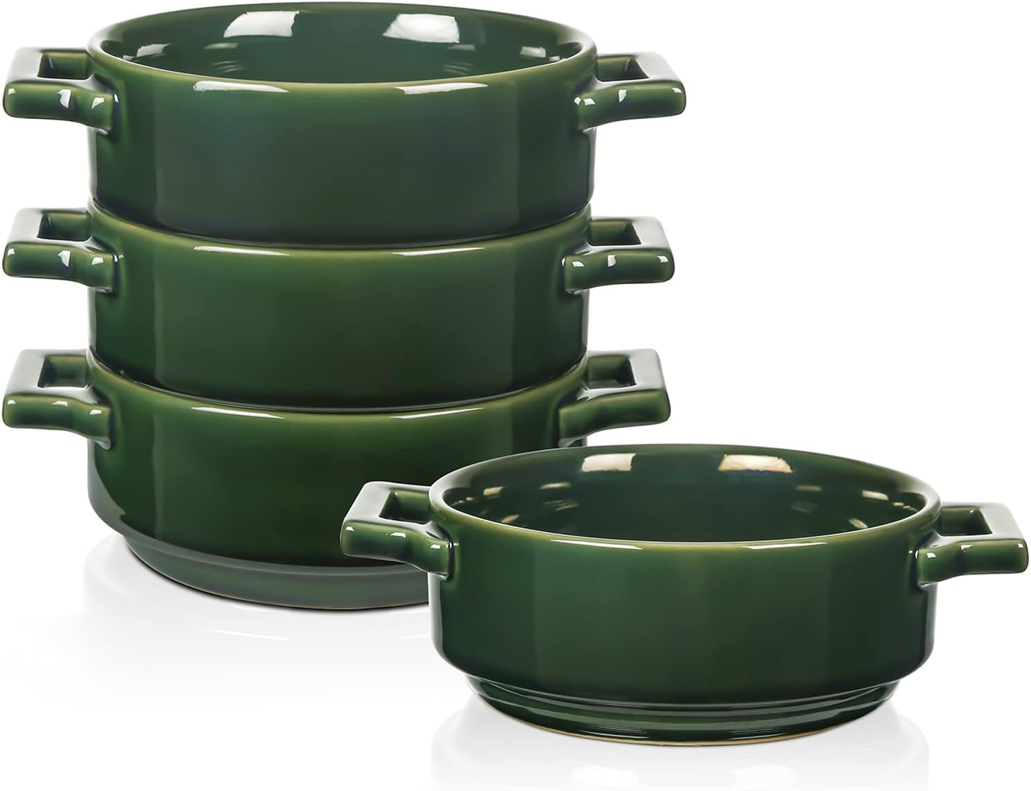 Vicrays Ceramic Soup Bowls with Handles, 24 Oz Porcelain Soup Crocks for French Onion Soup, Cereal, Beef Stew, Chill, Pasta, Pot Pies, Microwave and Oven Safe, Set of 4 (Green)