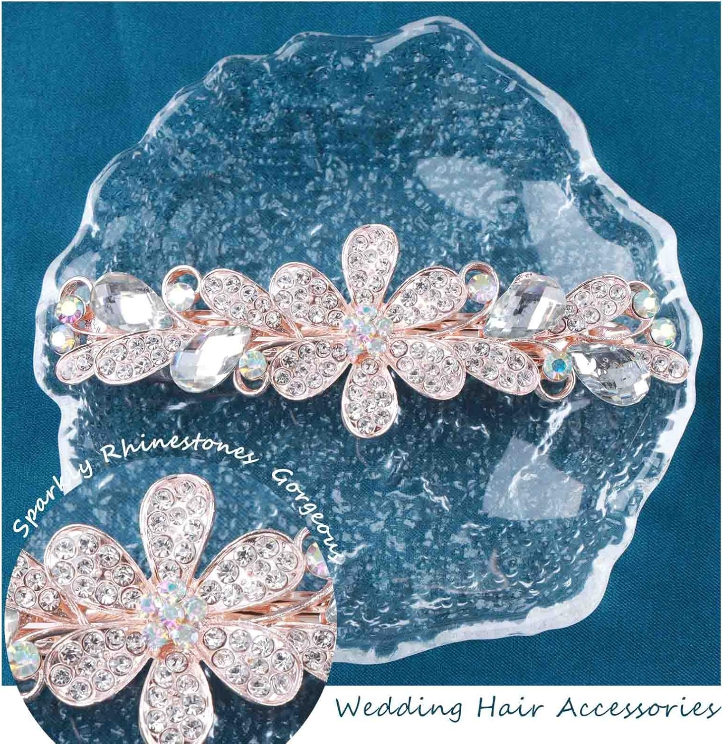 Tseenyi Crystal Flower Hair Clip Rhinestone Wedding Hair Clip Hair Clip Shiny Bridal Decorative Headpiece Gold Crystal Hair Accessories for Women and Girls (Transparent Crystal) image number 5