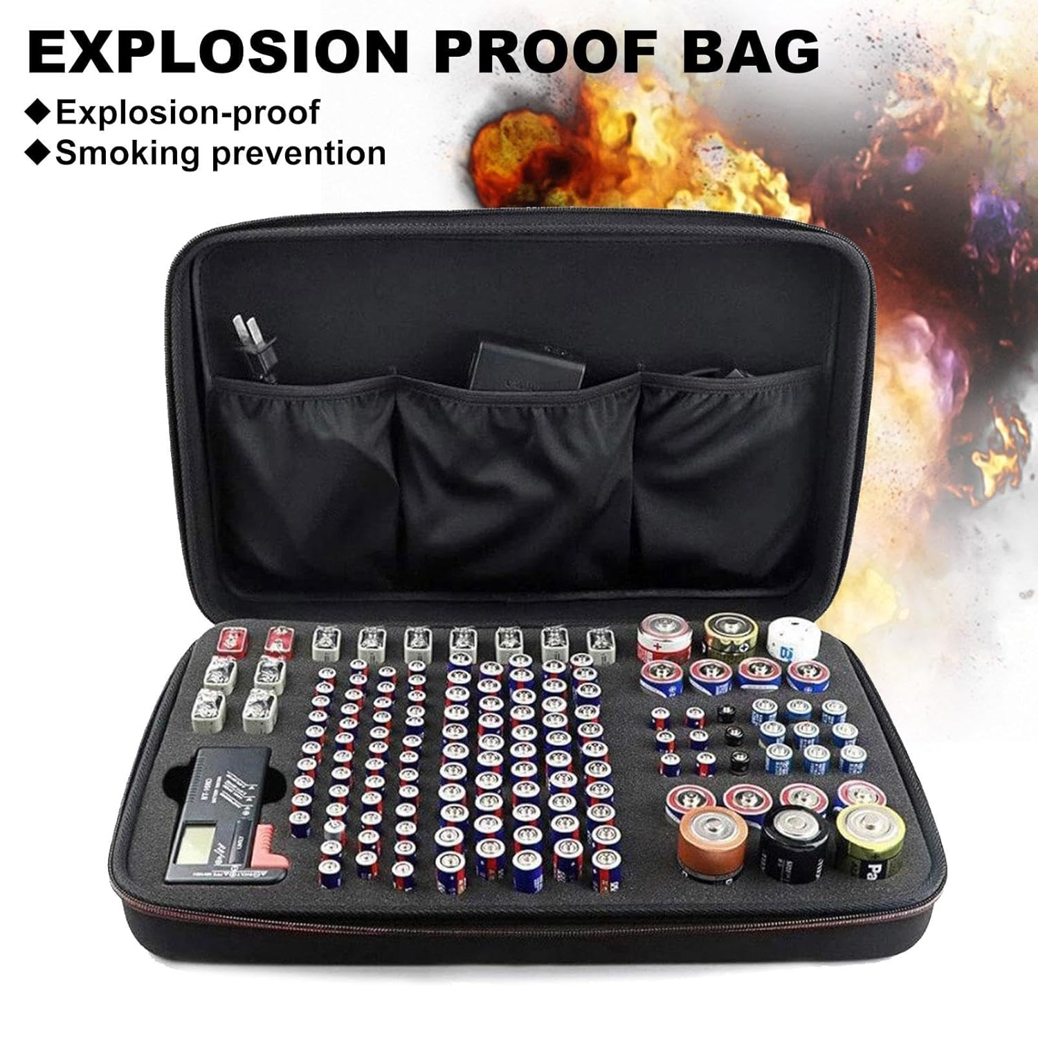 Black Waterproof Battery Organizer - Hardshell Storage Case Holds 147 AAA/AA/C/D/9V Batteries, EVA Holder Box image number 5