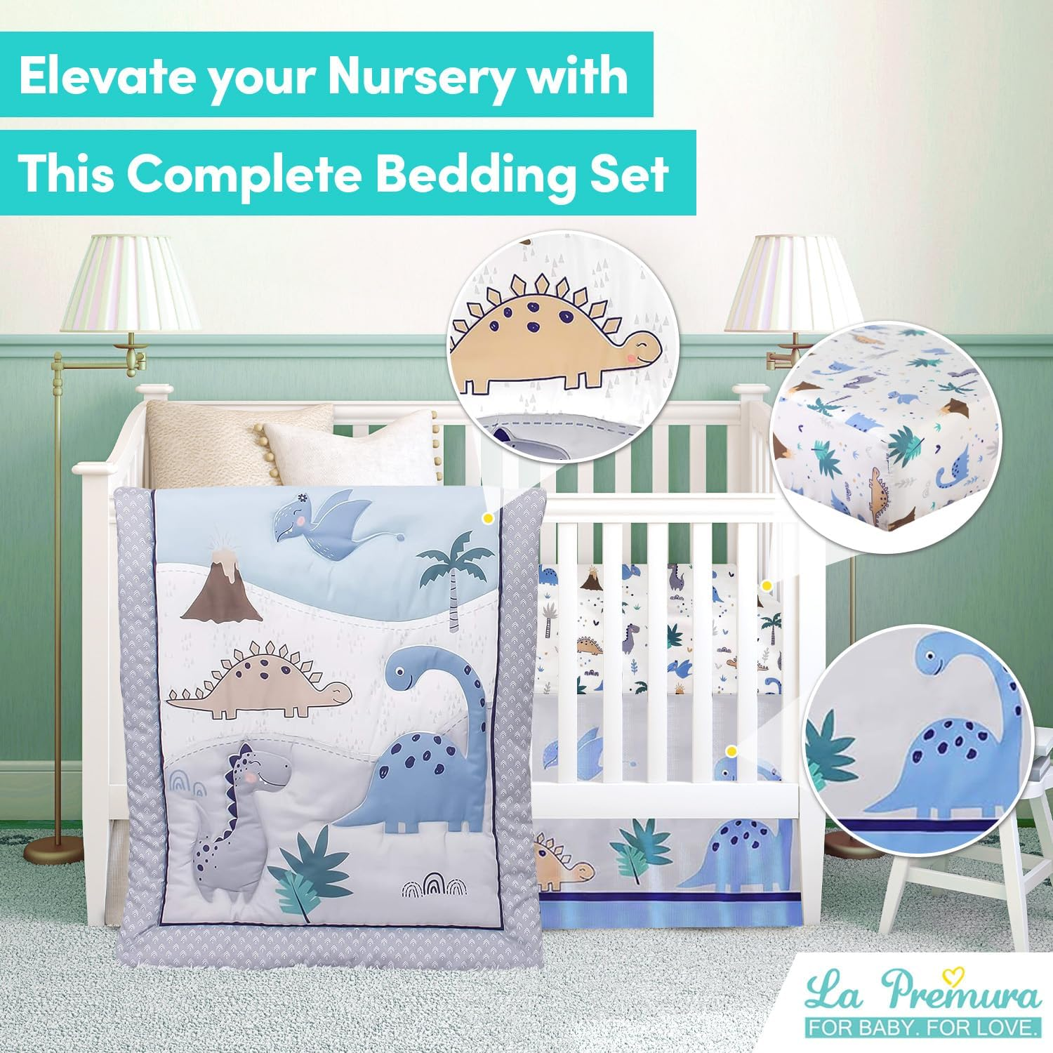La Premura Dinosaur Baby Nursery Crib Bedding Set &ndash; Dinosaur 3 Piece Standard Size Crib Set, Grey/Blue - Unisex Nursey Bedding and Neutral Decor image number 2