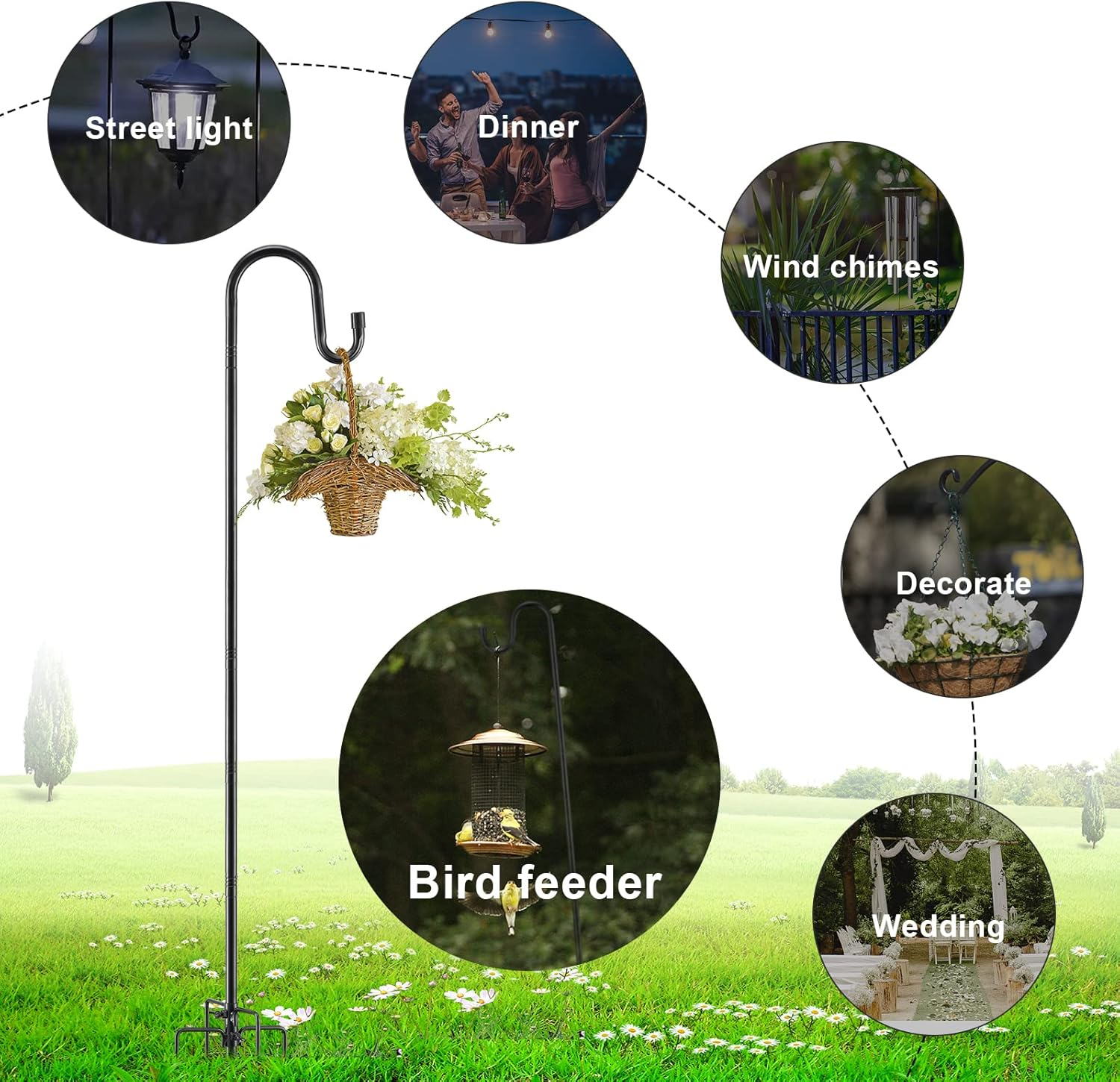 Bird Feeder Pole, 62 Inch & 5/8 Inch Diameter Stainless Steel Heavy Duty Shepherds Hooks for Outdoor to Hang Outdoor Lights with 5 Prongs Base, Rustproof for Garden Decor or Wedding Decors(Black) image number 1