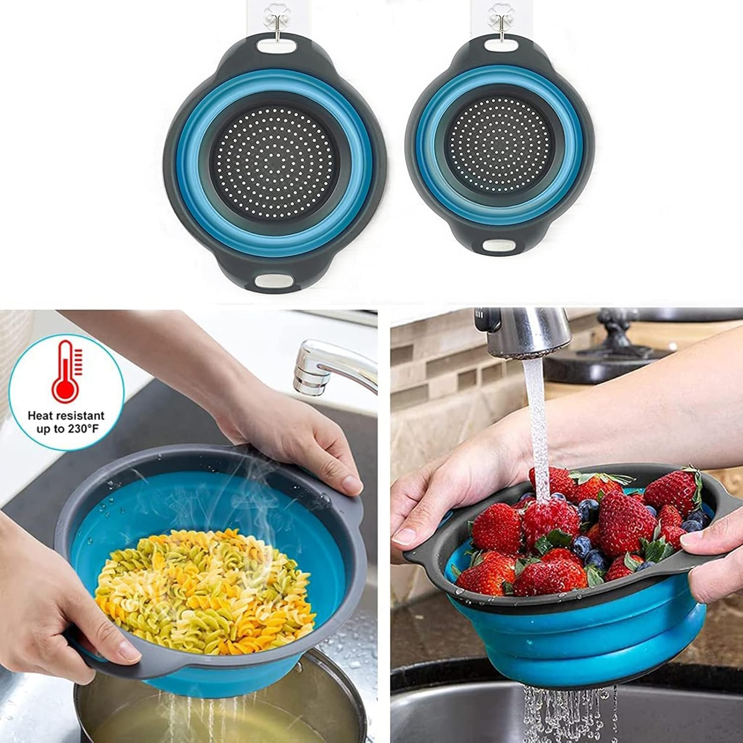 Basket Collapsible Colander Set of 2 round Silicone Kitchen Strainer Set - 1 Large 1 Small Perfect for Draining Pasta, Vegetable and Fruit image number 2