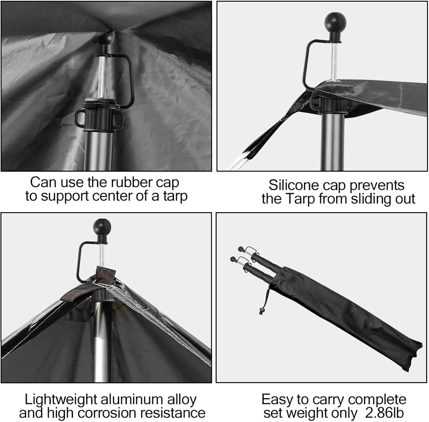 KOMCLUB Telescoping Tarp Poles 4 Section Adjustable Tent Poles for Tarp, Portable & 98.5In Lightweight Aluminum Tent Accessories Set of 2 &1 Bag (Gray) - Grey image number 3