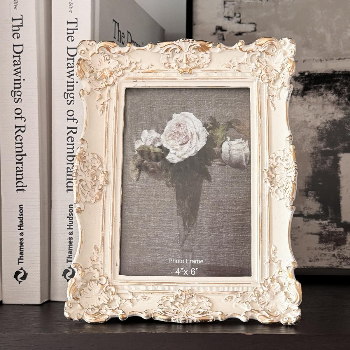 CISOO 4X6 Vintage Picture Frame, Antique Ornate White with Gold Photo Frame, for Table Top and Wall Display, Decorative Floral Design Retro Home Decor, Photo Gallery Art image number 2