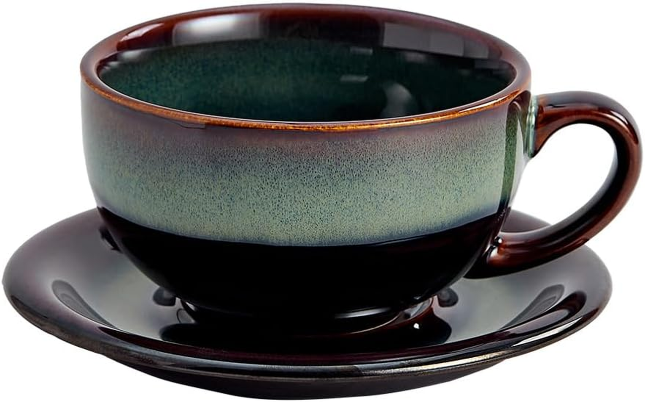 Coffeezone Vintage Design 12 Oz Ceramic Latte Art Cappuccino Barista Cup with Saucer (Beige)