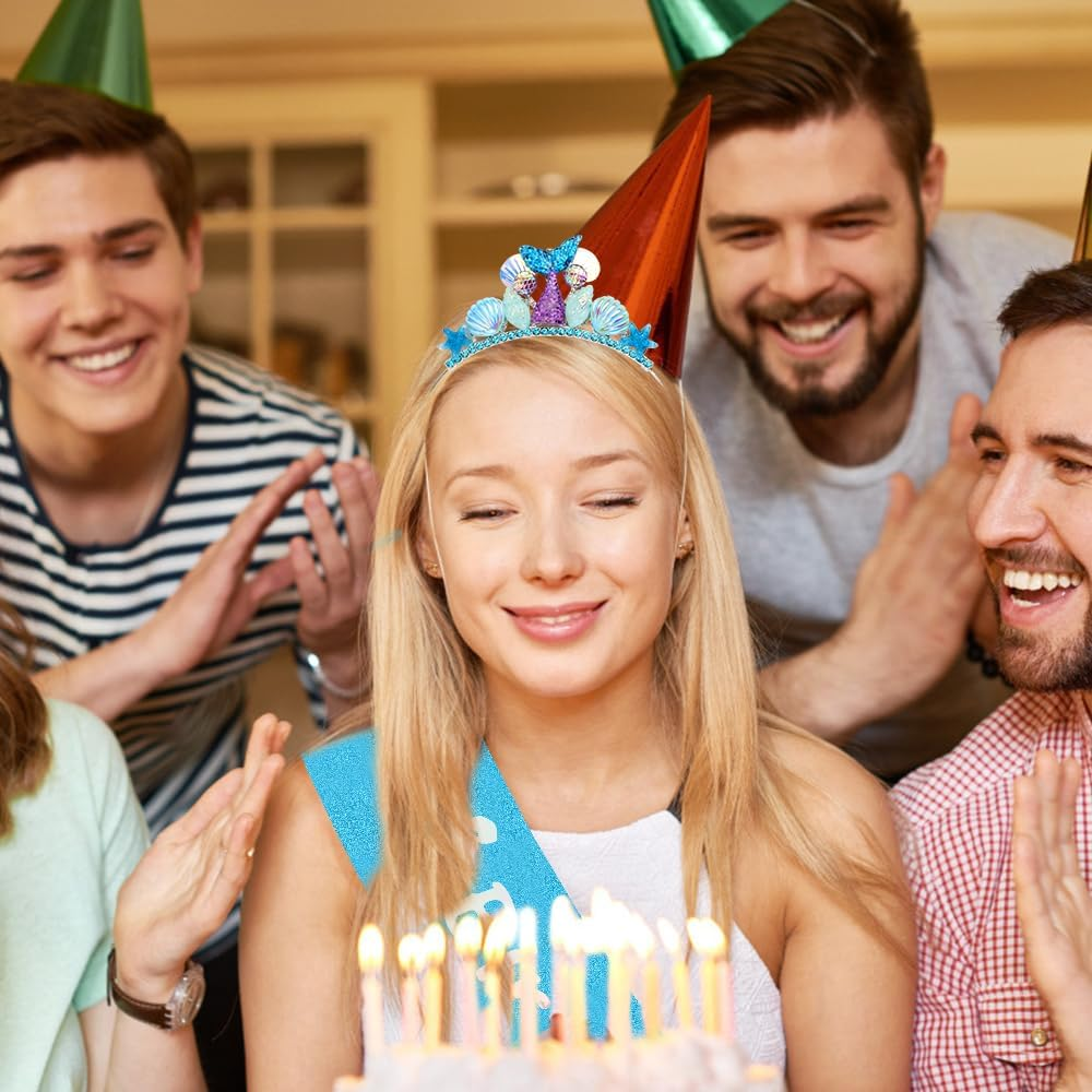 AOPRIE Birthday Girl Sash for Women Girls Mermaid Birthday Headbands Birthday Tiara & Crowns for Girls Happy Birthday Accessories Favor Supllies Blue, 2 Pack - Pink image number 3