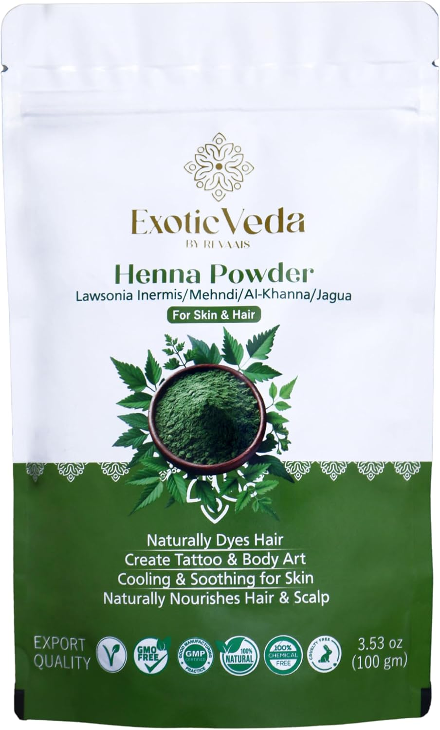 Exotic Veda Organic Henna Powder | 100% Natural Hair Dye from Rajasthan India Lawsonia Inermis Non-Gmo Deep Brown (100G)