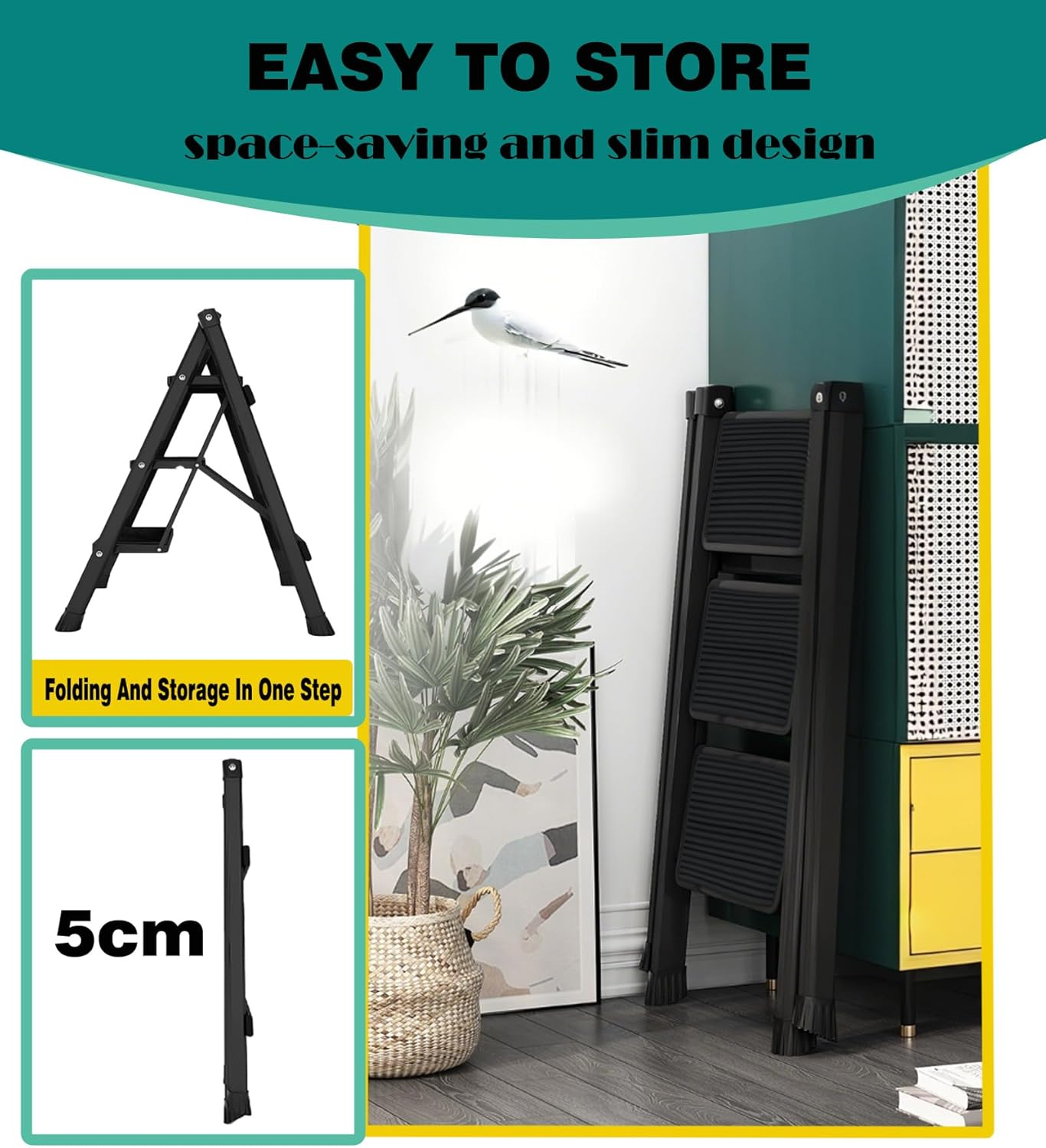 3-Step Folding Step Stool, Aluminum, Anti-Slip Surface, Lightweight & Portable, Max Load 150Kg, Black | Perfect for Home, Kitchen, Office, and Outdoor Use（Black） image number 3