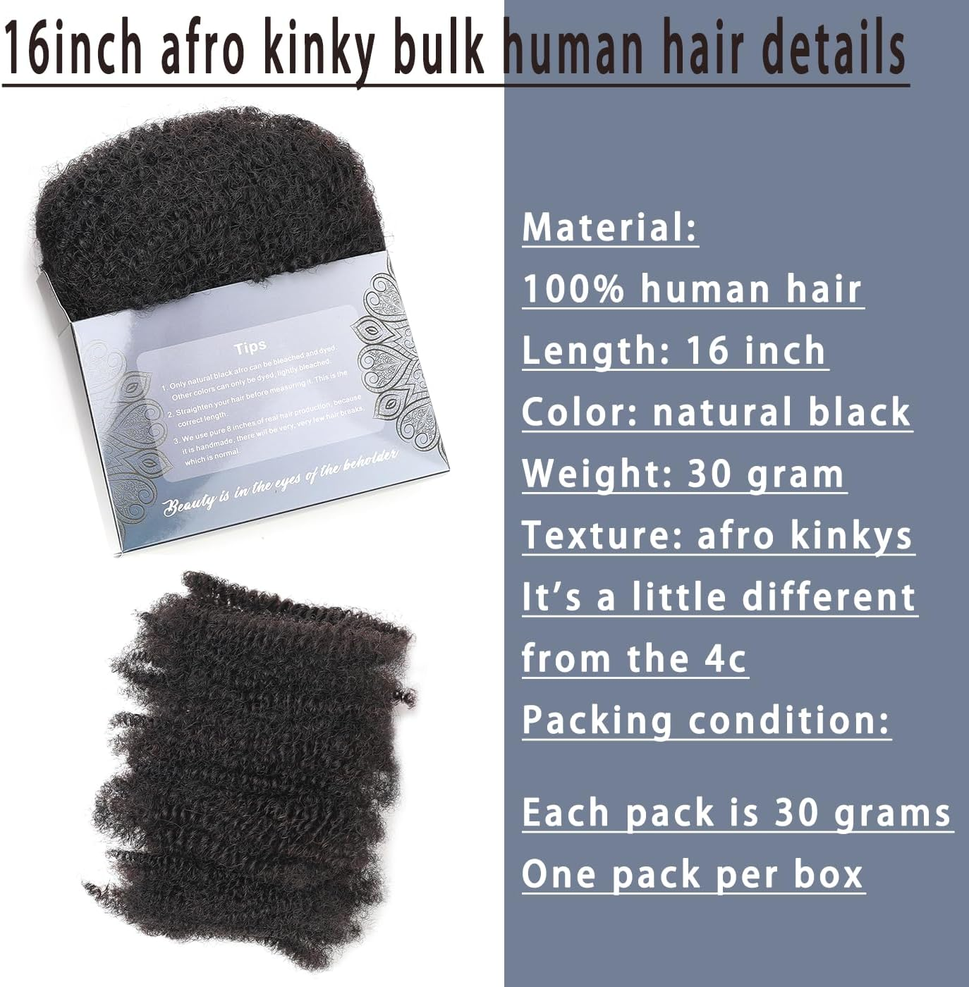 Afro Kinkys Bulk Human Hair 16 Inch 30G/Bundle Natural Black 16 Inch Afro Kinky Bulk 100% Human Hair Can Be Bleached and Dyed image number 3