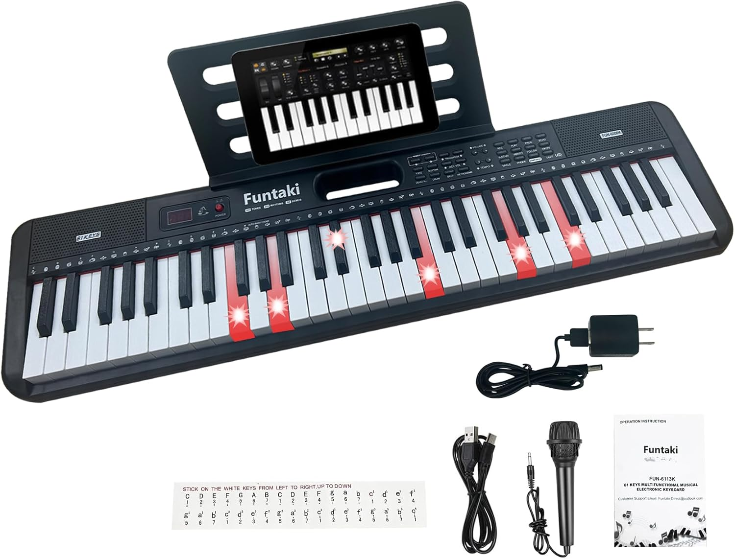 Funtaki 61-Key Electronic Keyboard Piano for Adults with Light up Keys, 61 Compact Keys Digital Pianos - Perfect Beginner Piano Black