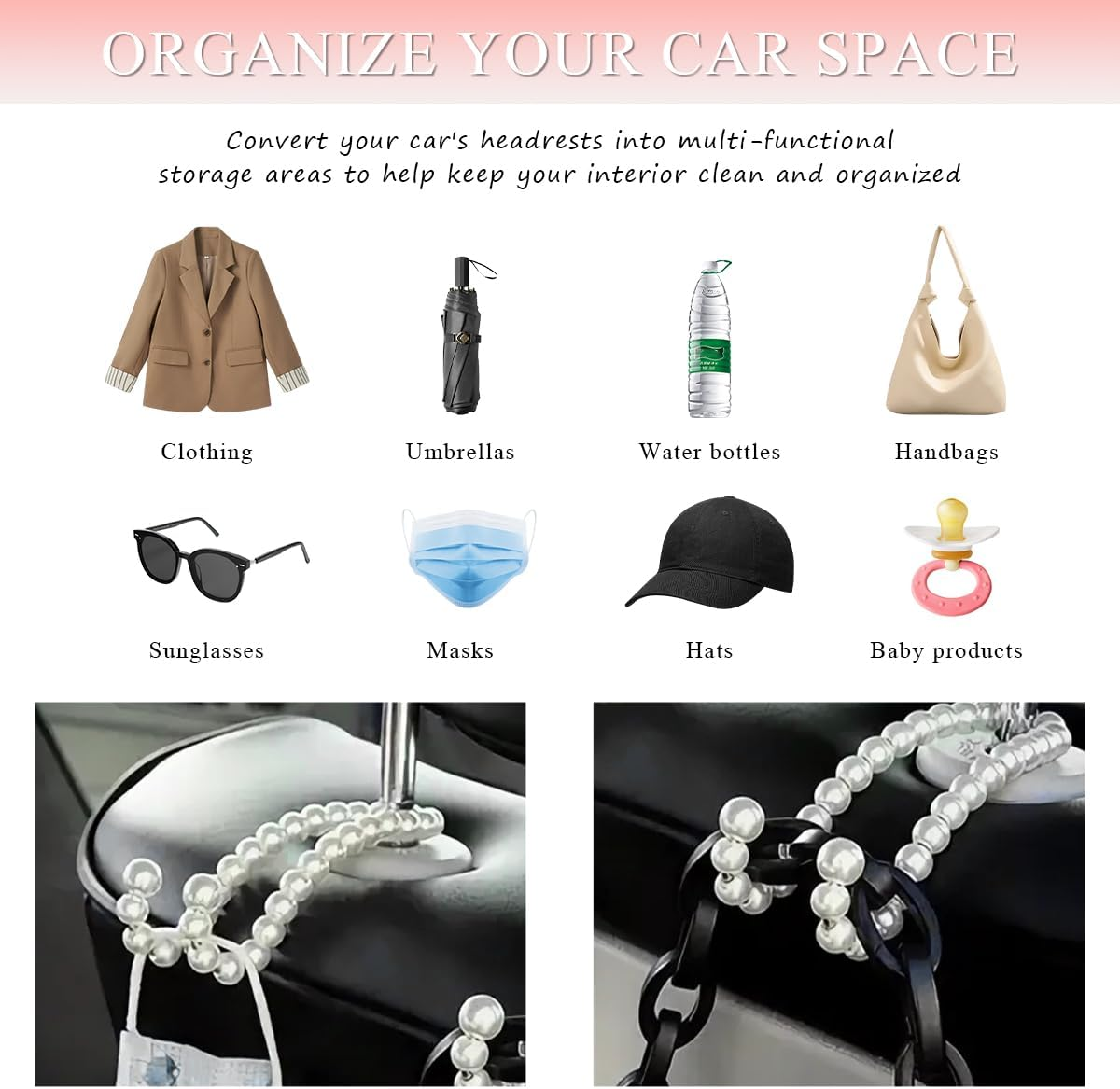 2 PCS Elegant Pearl Car Seat Headrest Hook, Cute Car Seat Hook Hanger Storage Organizer for Handbag Purse, Interior Decoration Headrest Hanger for Women Girls, Car Accessories