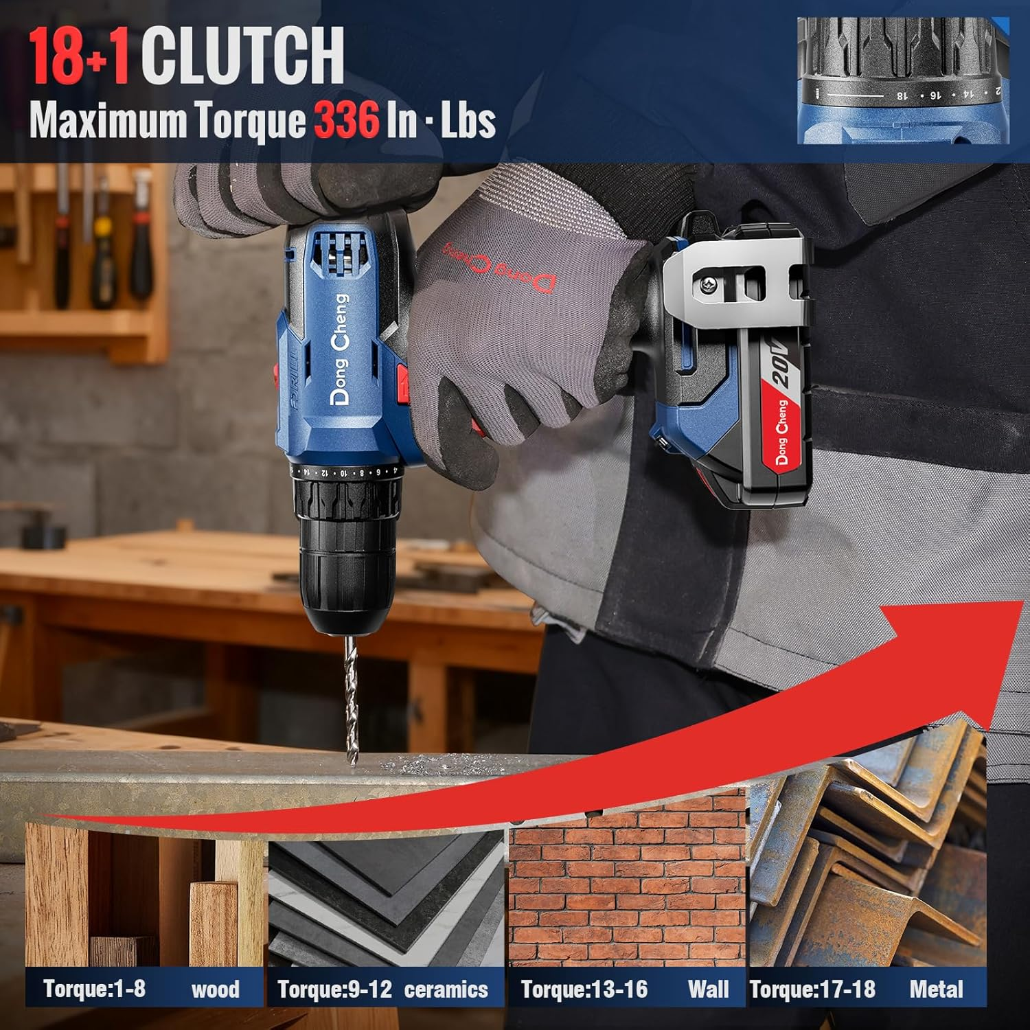 Dongcheng Cordless Drill Set,Power Drill with 3/8" Keyless Chuck,336 In-Lbs Torque Electric Drill,Cordless Drill with Battery and Charger (Accessories+Cleaning Kit+Hand Tools) image number 3