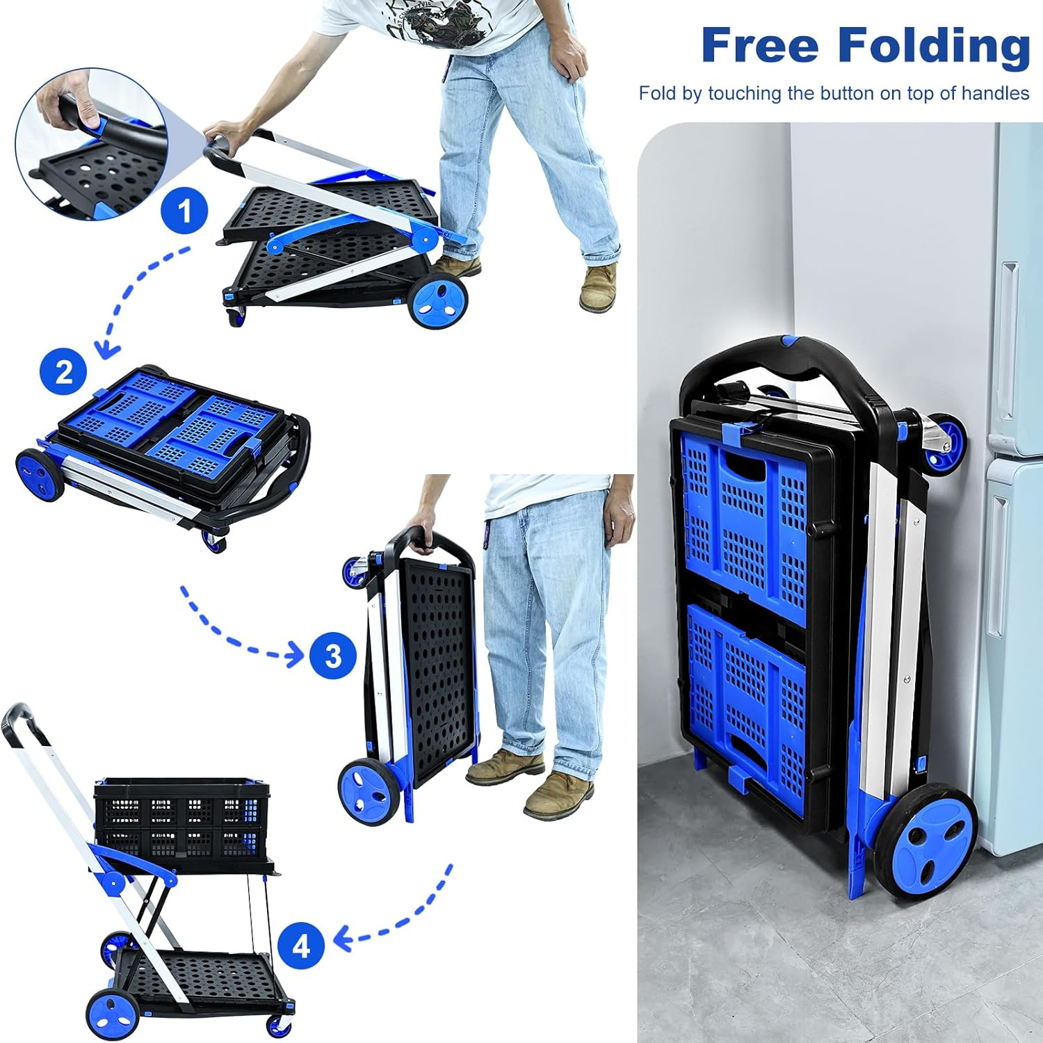 OSWIN Folding Trolley with Wheels, Double Layer Portable Trolley Shopping Carts, Folding Shopping Cart with Storage Crate, Office Folding Cart, Multi Use Functional Collapsible Carts for Supermarket image number 3