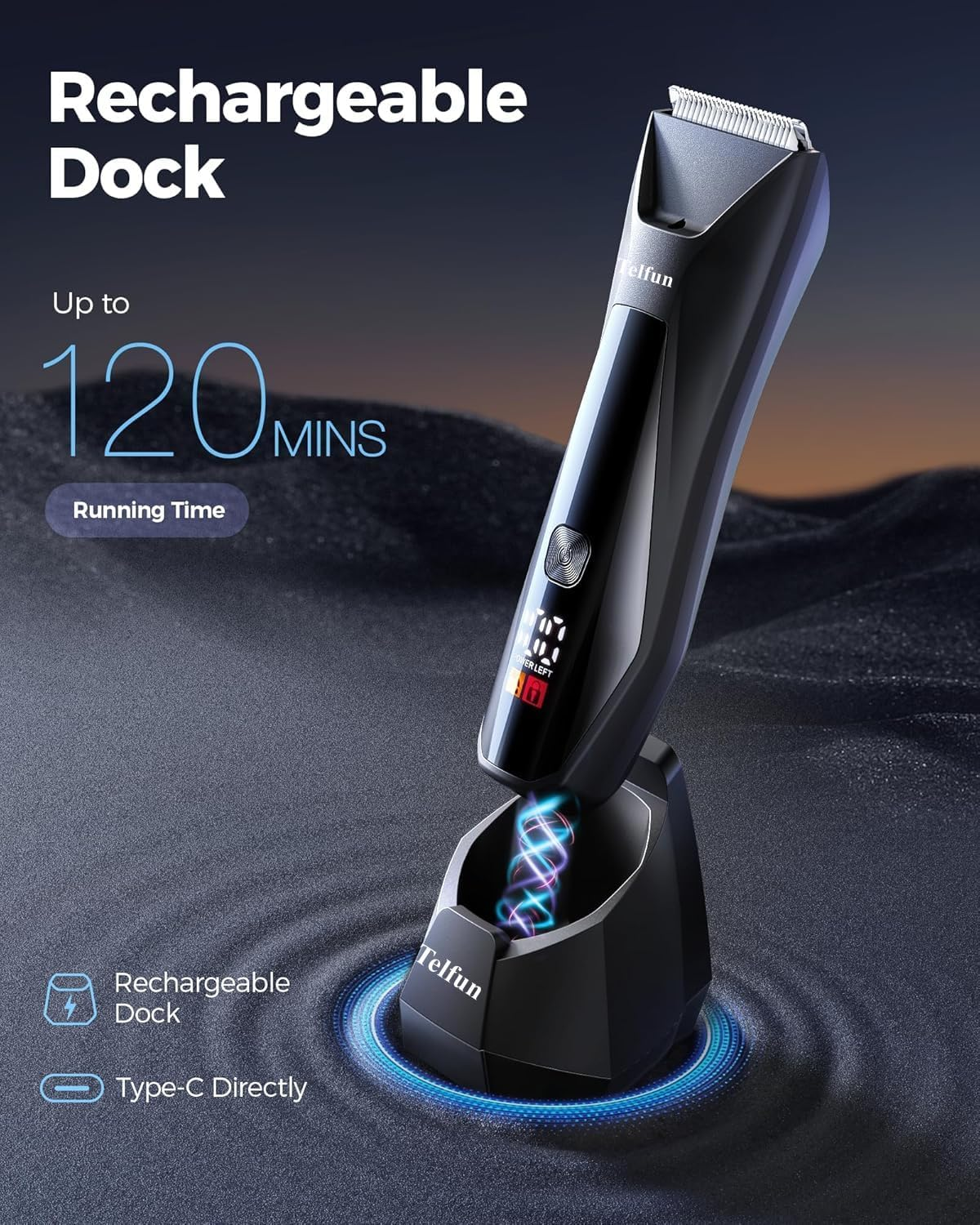 Telfun 2-In-1 Body Trimmer & Shavers for Men, Ball Shaver W/Dual-Head Trimmer&Foil Blades, Waterproof Groomer W/Light for Pubic, Groin, Back, Electric Razor W/Travel Lock, Pouch, USB-C Cable image number 4