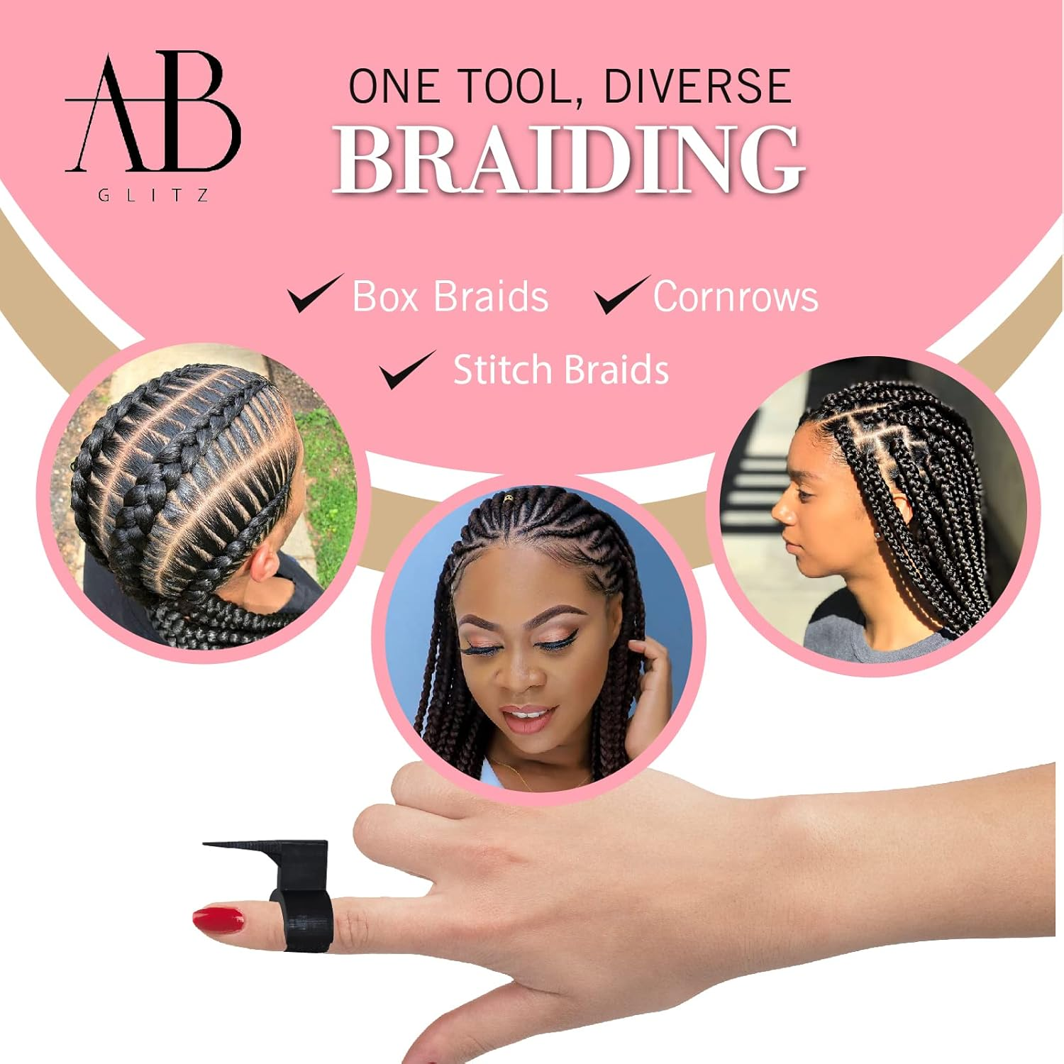 The Braid Aid Adjustable Finger Parting Tool - Stitch Braiding Tool, Finger Comb Hair Parting Tool - Lightweight Hair Separating Tool - Great for Any Hair Type - Pack of 2 image number 3