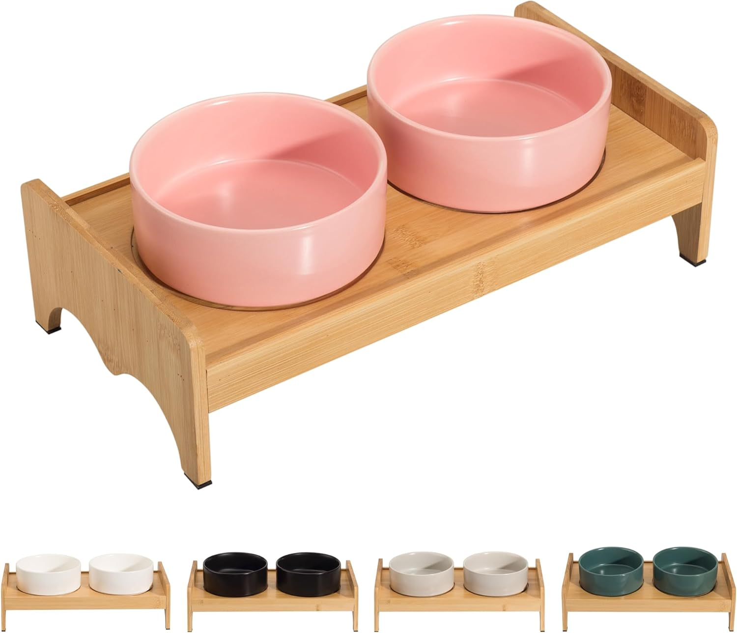 Elevated Ceramic Dog Bowl Set - Double Raised Dog Food and Water Bowls with Bamboo Stand - Pet Dishes for Cats and Puppies - 16.23 OZ - 2 Cups