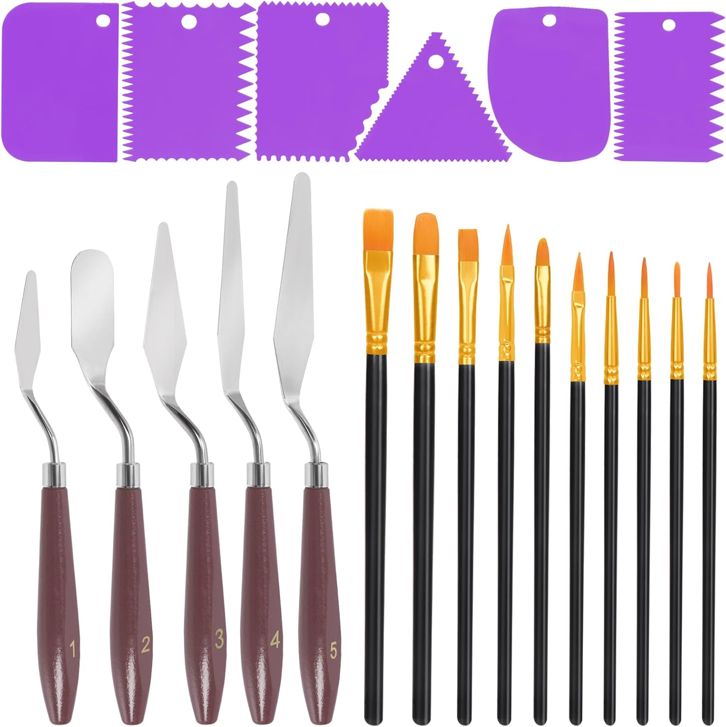 Rustark 21Pcs Purple Palette Knife Paint Scraper Set Includes 5Pcs Stainless Steel Palette Knives with 6Pcs Plastic Scrapers 10Pcs Hair and Bristle Brush Spatula Drawing Tool for Art Craft Painting