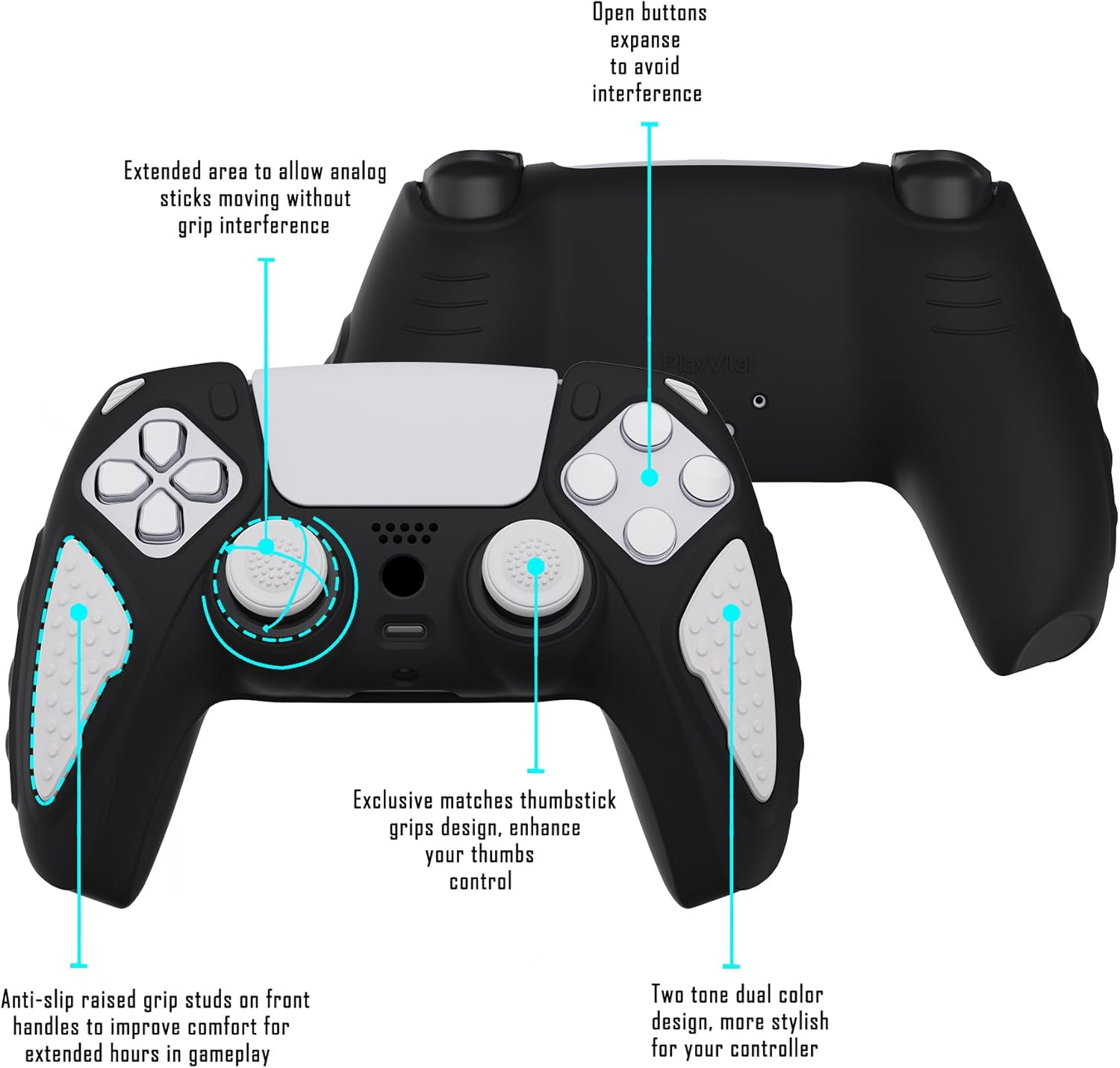 Playvital Knight Edition Black & White Two Tone Anti-Slip Silicone Cover Skin for Ps5 Controller, Soft Rubber Case for Ps5 Wireless Controller with Thumb Grip Caps - Black image number 4