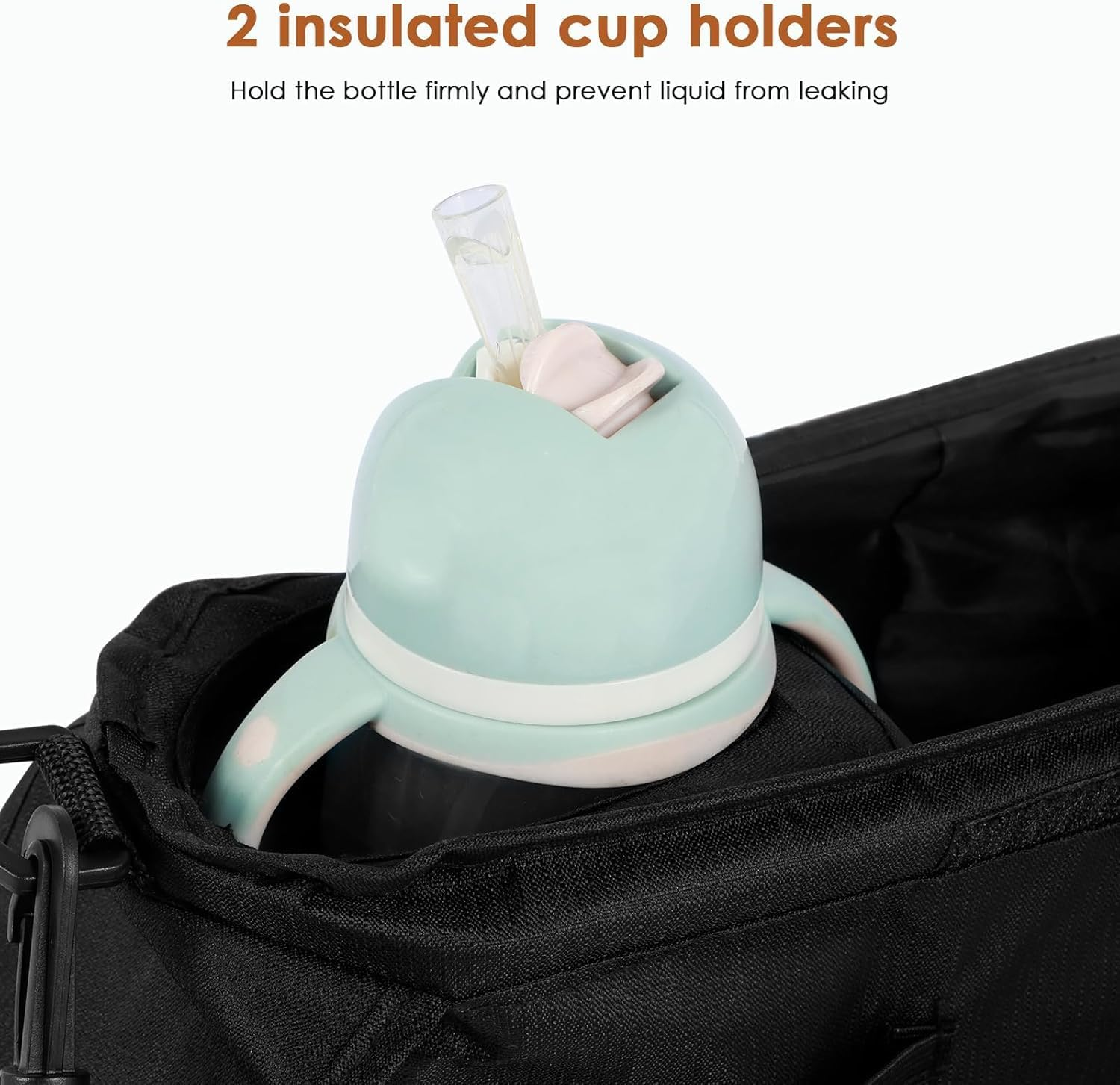 Baby Pram Bag, Baby Pushchair Organizer with Insulated Drink Cup Holder and Phone Storage, Universal Stroller Storage Bag with Adjustable Strap and Detachable Pocket (Black) - Black image number 4