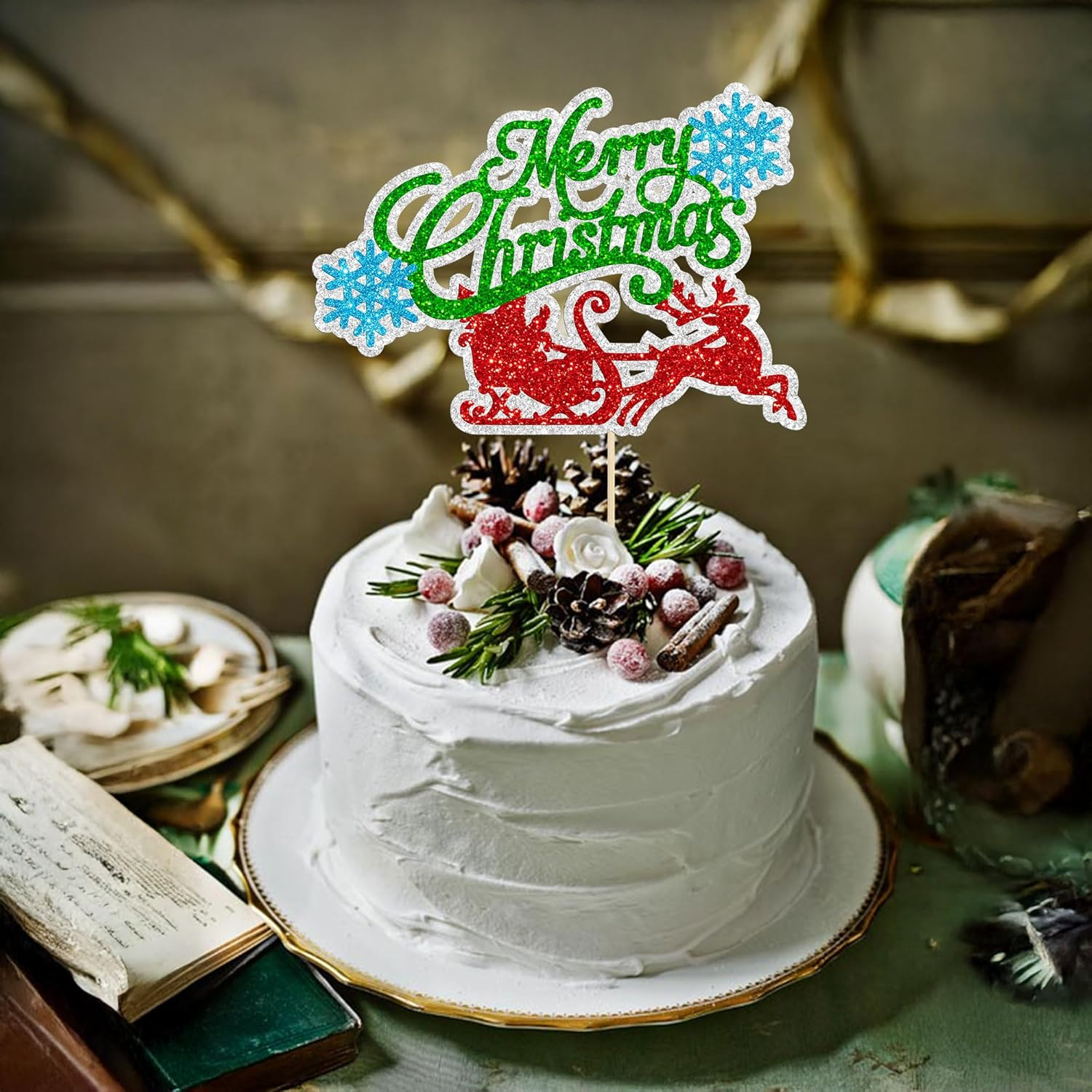 Gyufise 1 Pack Merry Christmas Cake Topper Glitter Snowflake Santa Claus Christmas July Birthday Cake Decorations for Merry Christmas Theme Happy New Year Party Supplies image number 2