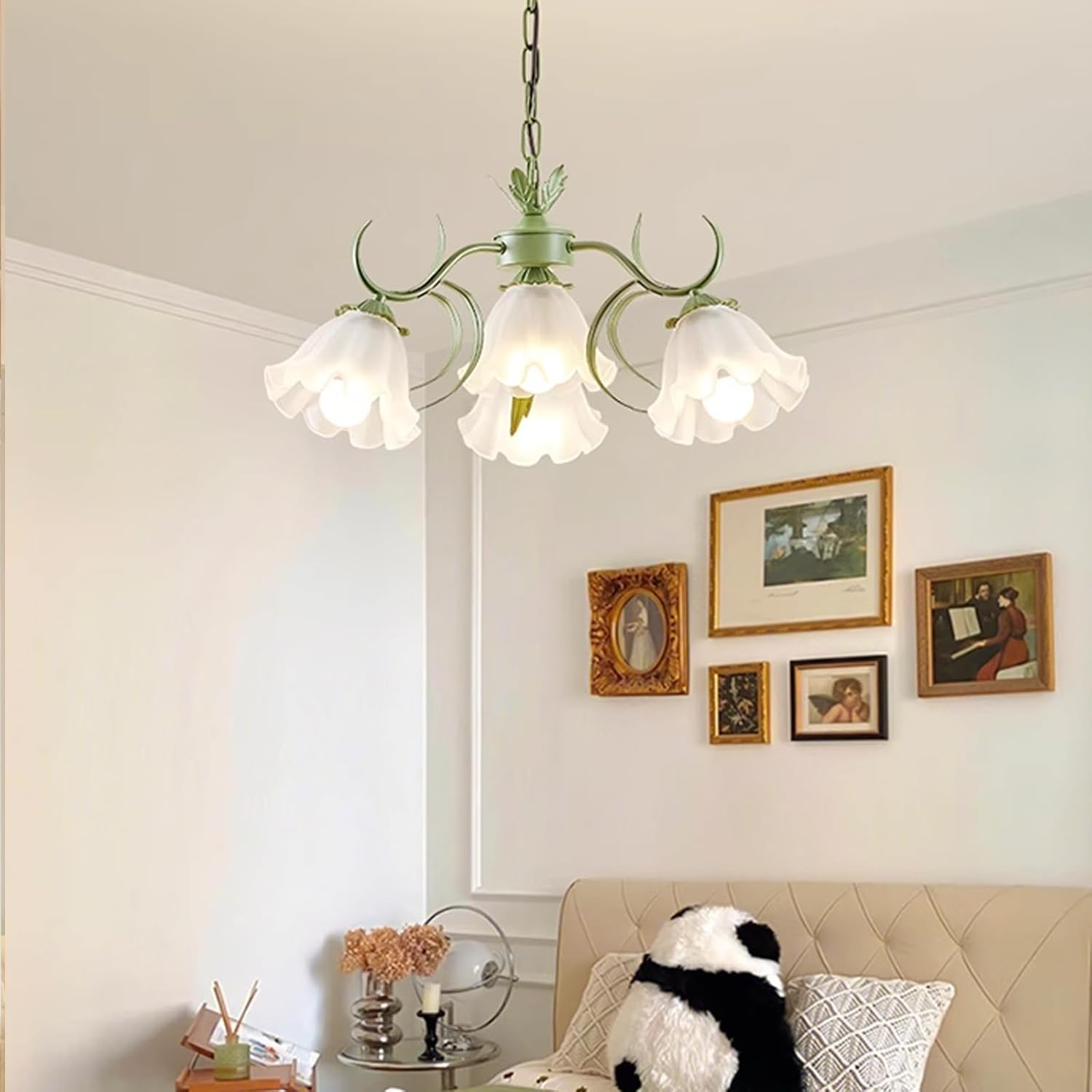 French Country Ceiling Light, Vintage Flower Chandelier with Acrylic Shade, Black and Gold Pendant Lights for Living Room, Bedroom, Kitchen, Hallway (Green,6Heads) image number 1