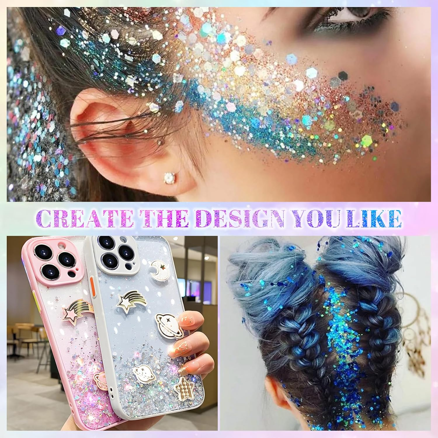 YBUETE Face Body Glitter Stick,6 Colors Hair Body Glitter Stick for Singer Concert Outfit Cosplay Rave Accessories for Women,Glitter Nail Sequins Iridescent Flakes for Festival Rave Halloween Makeup image number 2