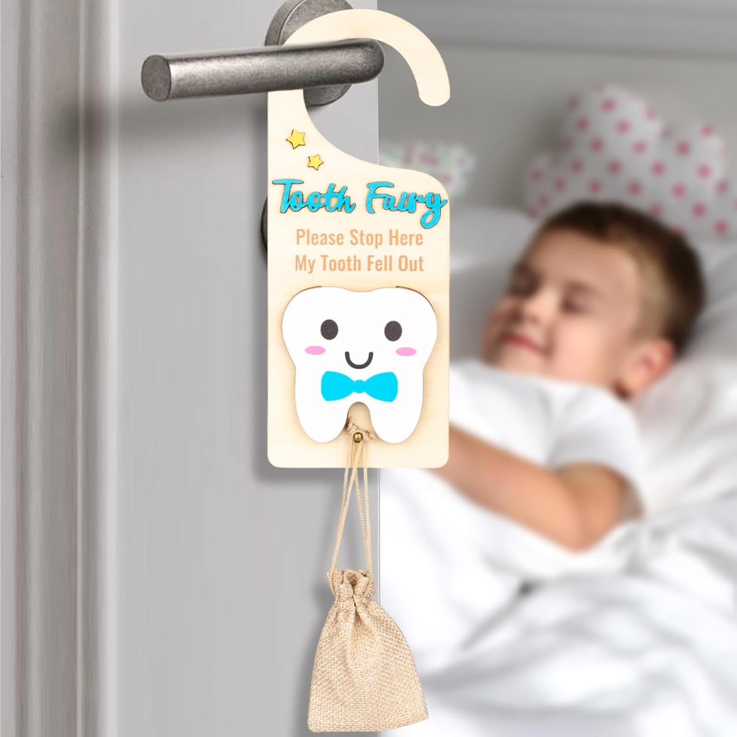 Tooth Fairy Hanger - Tooth Fairy Pick up Box with Money Slot,Keepsake Box with Pouch, Cute Wooden Souvenir for Storage Home Collection Boys Girls image number 6