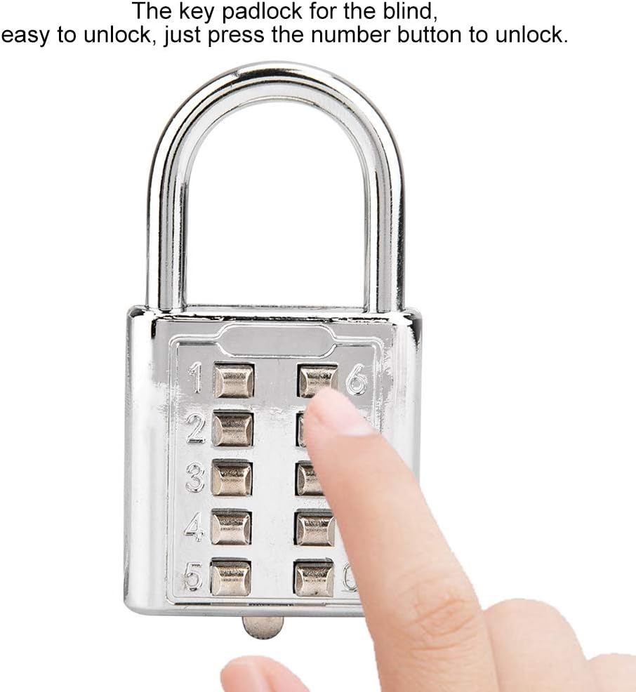 Padlock, Lock Tactile Button Combination Padlock, 10 Button Combination Padlock, 10 Digit Push Button Combination Padlock, 5 Locking Mechanism Bit Key Lock for Luggage, Cabinet image number 4