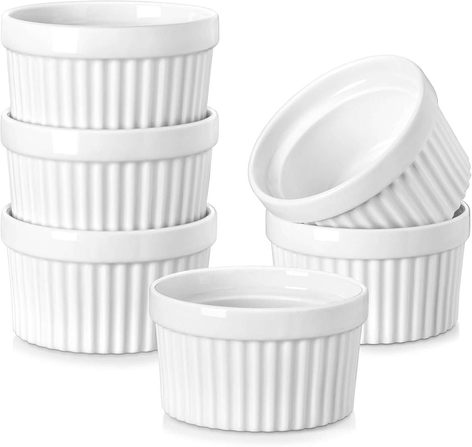 MALACASA Ramekins 6 Oz Oven Safe, Porcelain Creme Brulee Ramekins Pudding Custard Cups Small Ceramic Souffle Dishes Ramakan Ramiken Ramicans Baking Bowls Set of 6, White, Series RAMEKIN-DISH image number 6