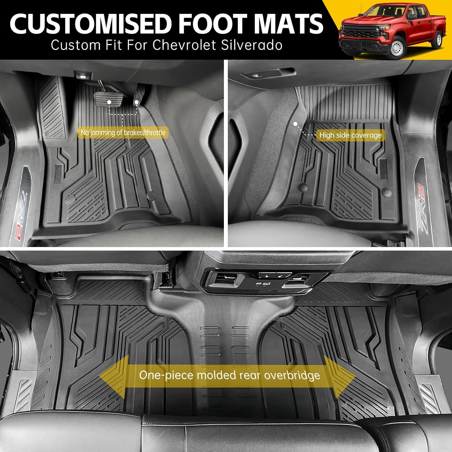 JTYZSM Truck Floor Mats for 2019-2025 Chevy Silverado/Gmc Sierra 1500 & 2020-2025 Silverado/Sierra 2500HD/3500HD Crew Cab, All-Weather Non-Slip Floor Liners(1St & 2Nd Row) image number 2