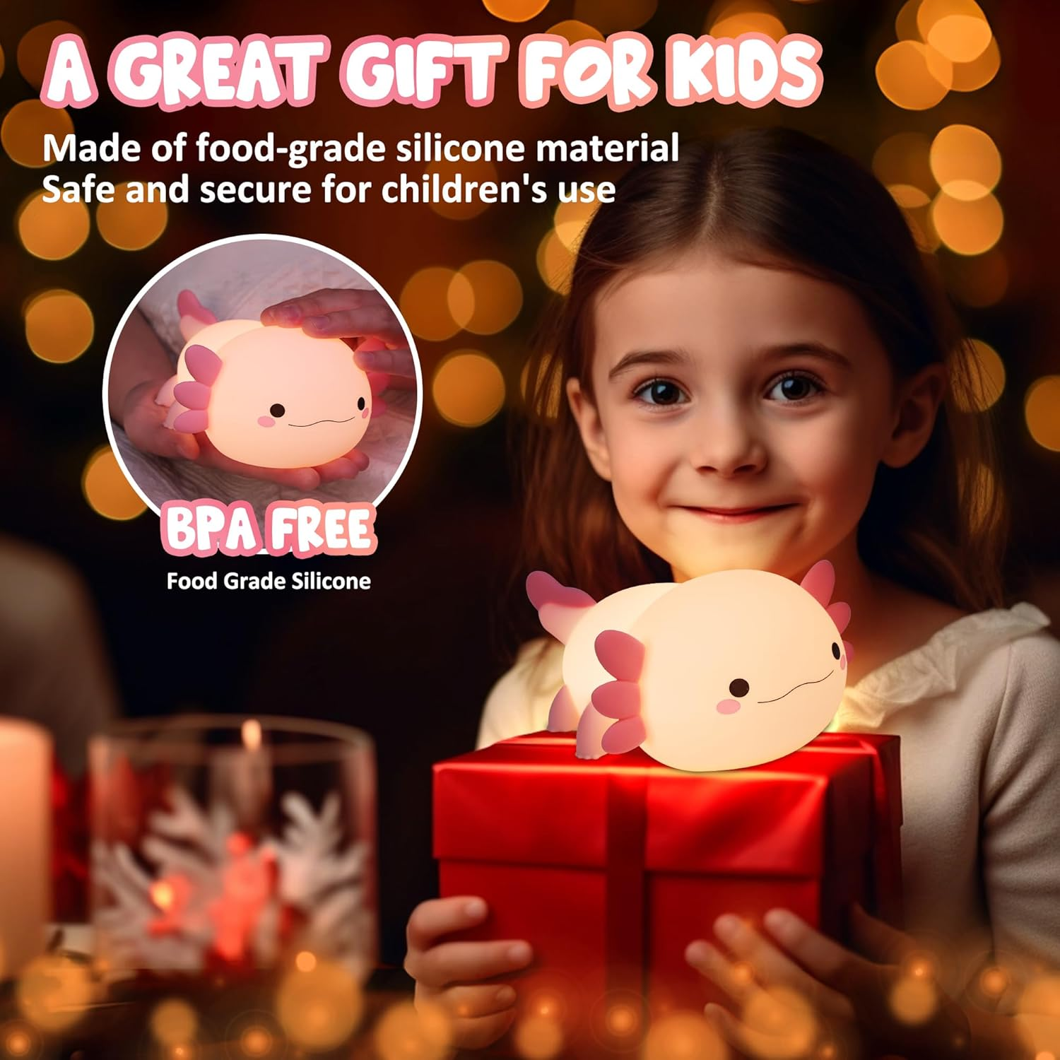 Lampeez Axolotl Gifts, Cute Axolotl Night Light, Soft Silicone Lamp Nursery Nightlight LED Touch Light, Bedroom Decor as Xmas Birthday Gifts Boys Girls image number 1