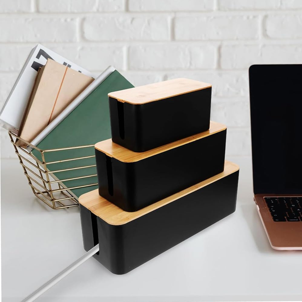 Betterlifewj 3-Pack (One Large, One Medium, One Small) Cable Organizer Boxes with Bamboo Lids, Suitable for Home and Office Use. image number 4