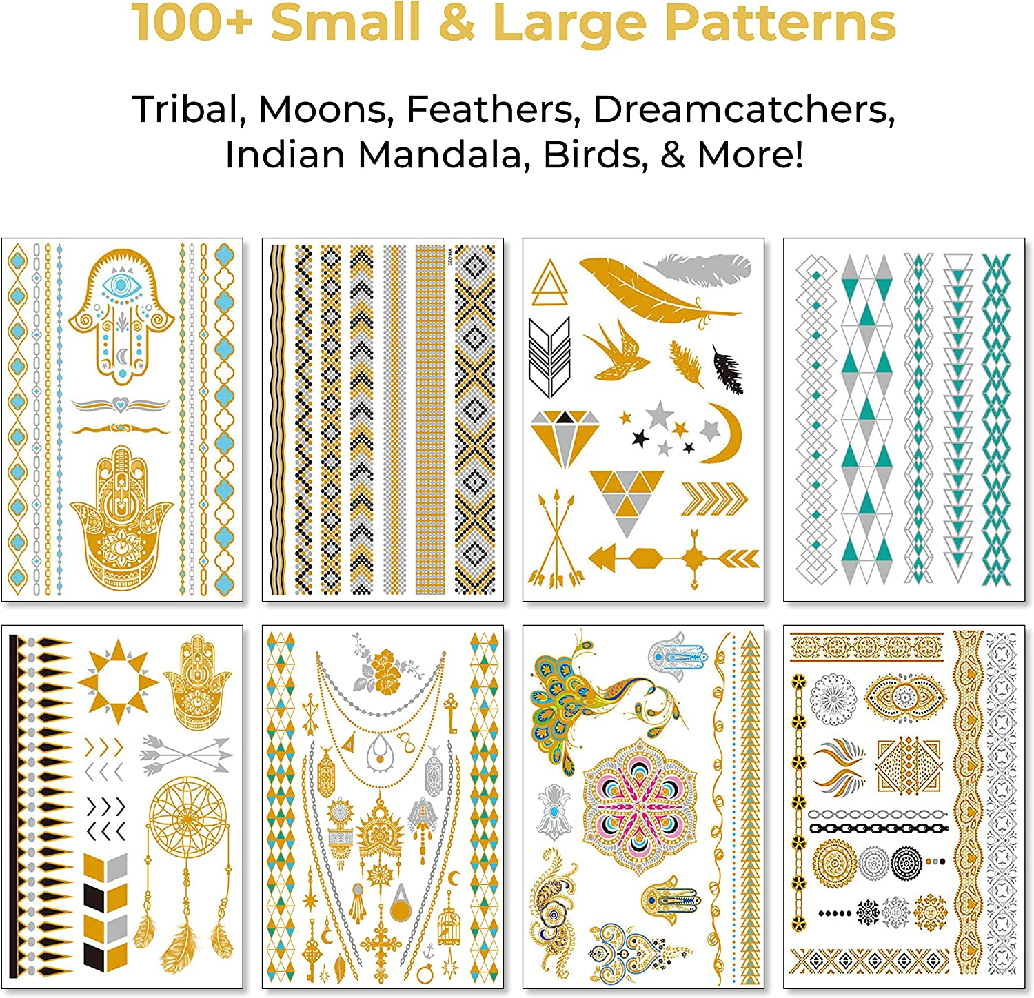 Metallic Temporary Tattoos for Women Teens Girls - 8 Sheets Gold Silver Temporary Tats Glitter Shimmer Designs Jewelry Tattoos - 100+ Color Flash Fake Waterproof Tattoo Stickers (Caicos) image number 3