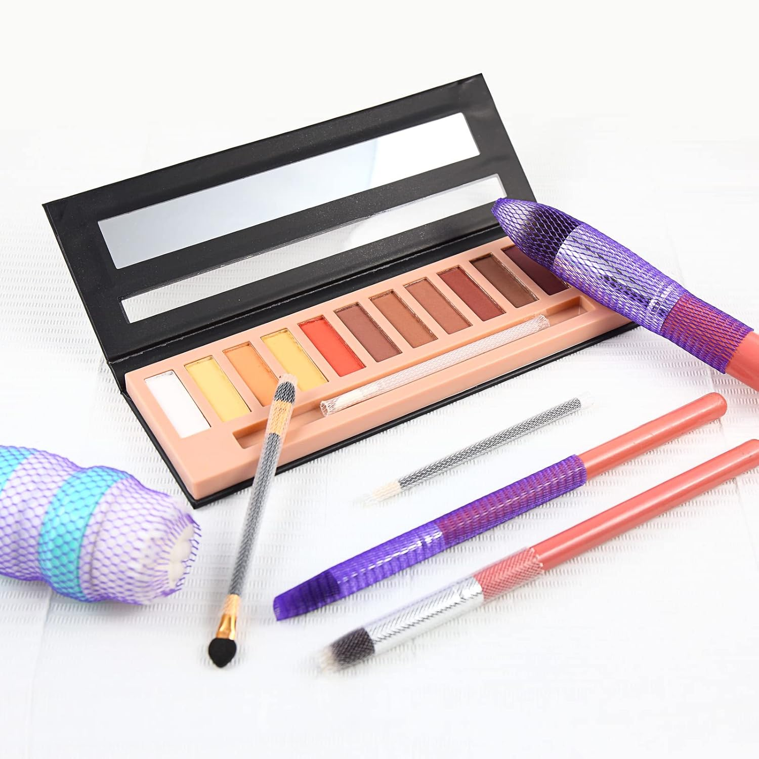 100Pcs Makeup Brush Protector Cosmetic Makeup Brush Pen Guard Expandable Mesh Sleeve Covers Set Storage Small Medium Large Sizes Brushes for Travel (Purple and White) image number 4