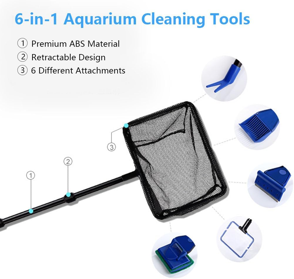 Vekol Fish Tank Cleaner Retractable 6 in 1 Aquarium Cleaning Tools Adjustable Long Handle Fish Tank Brush Cleaner Set with Algae Scraper, Fish Net, Spoon Net, Plant Fork, Gravel Rake, Clean Sponge image number 5