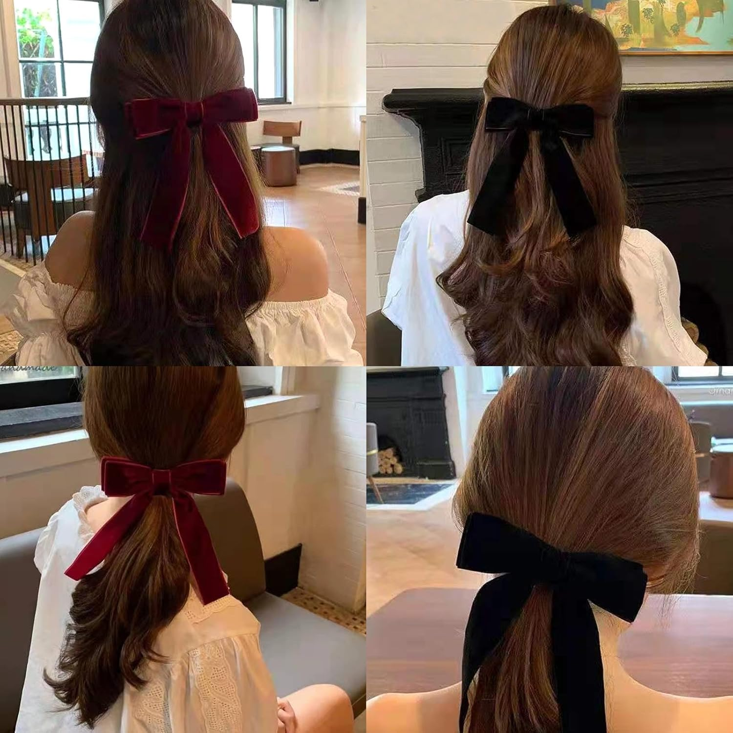 AYNKH 2PCS Velvet Bow Hair Clip, Satin Bowknot Hairpins with Long Ribbon, Red and Black Hair Barrettes, Vintage Party Hair Accessories for Girls Women image number 2
